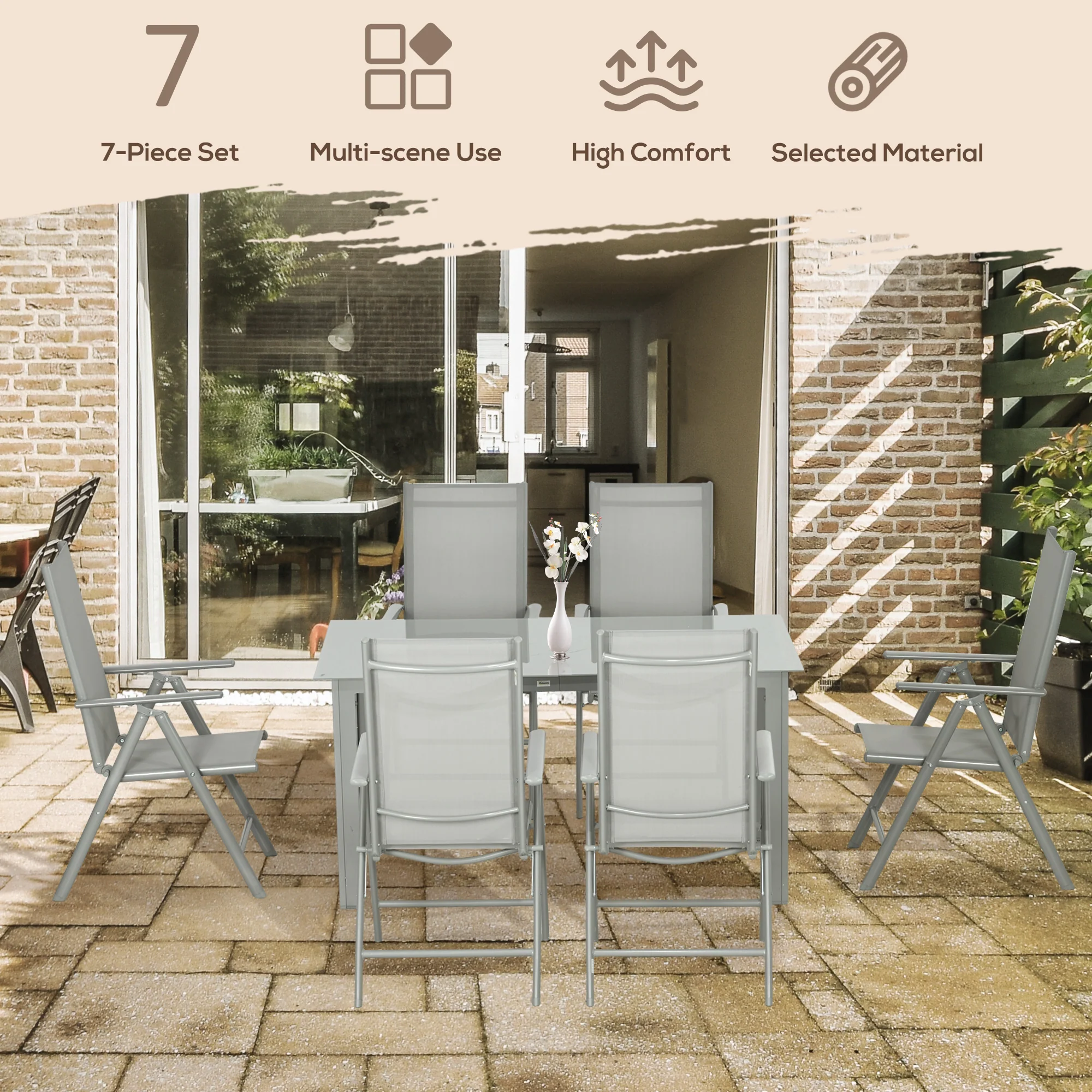 Outsunny 7 Piece Garden Dining Set, Outdoor Table and 6 Chair, Aluminium, Grey - Image 3