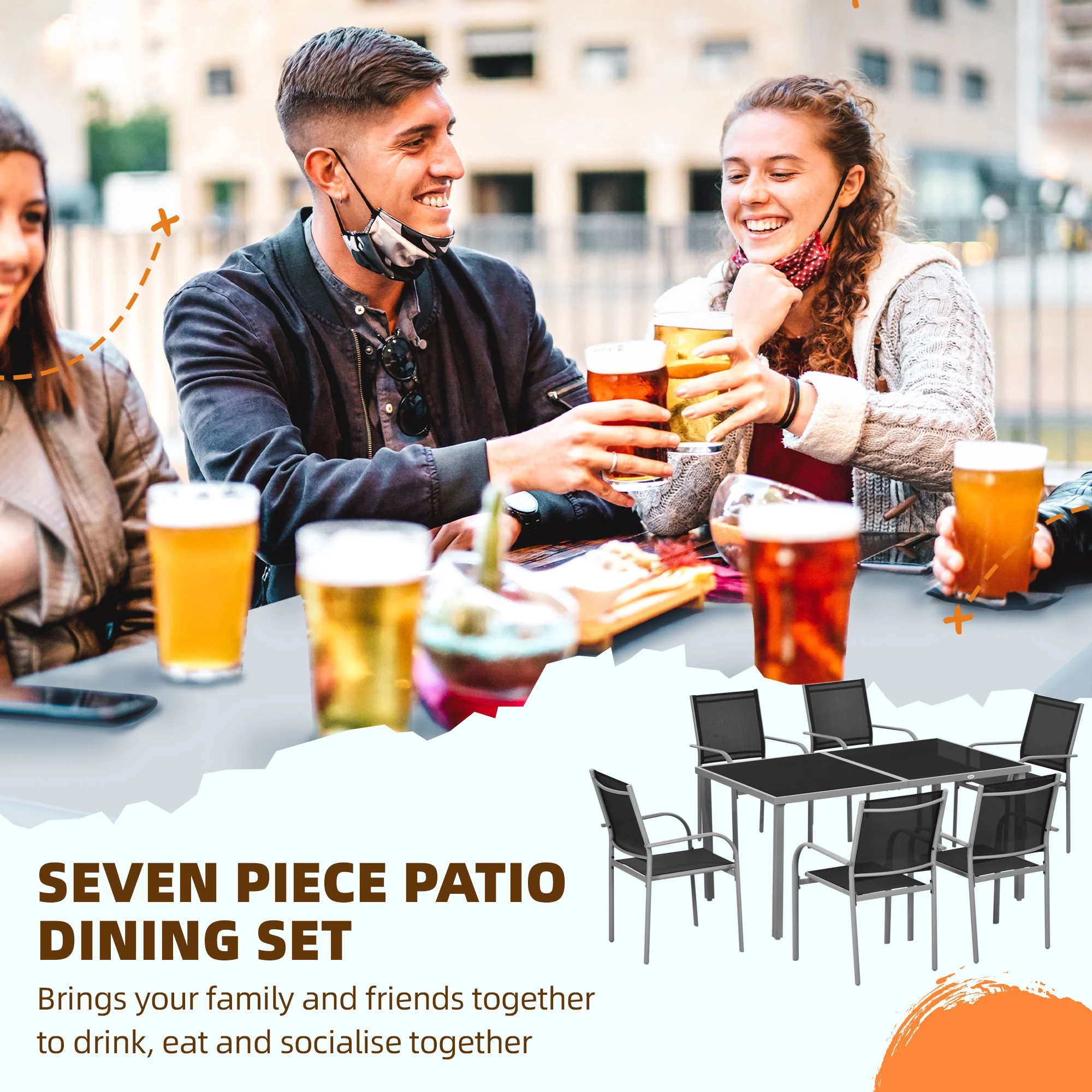 Outsunny 7 Piece Garden Dining Set, Steel Outdoor Table and Chairs, Black - Image 3