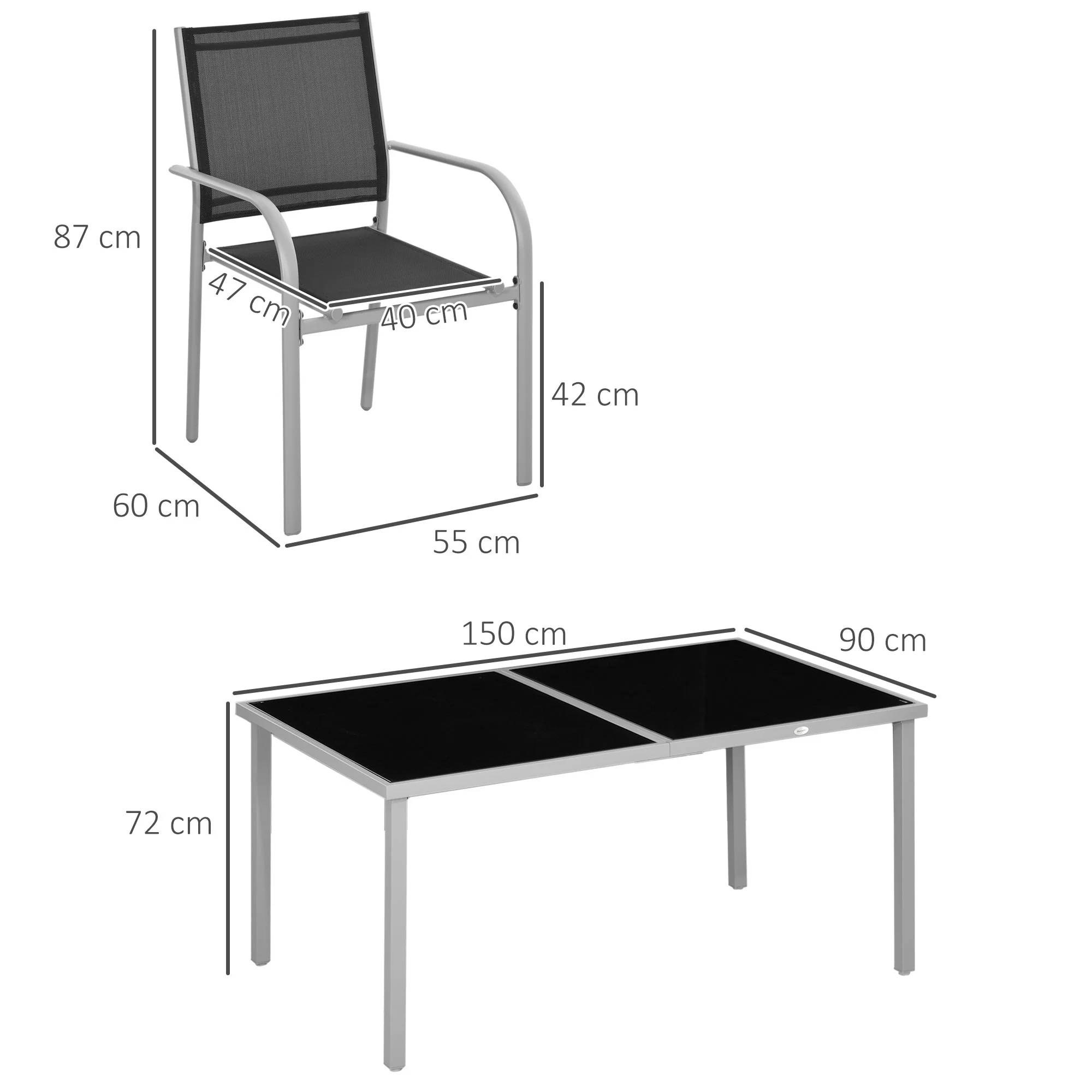 Outsunny 7 Piece Garden Dining Set, Steel Outdoor Table and Chairs, Black - Image 5