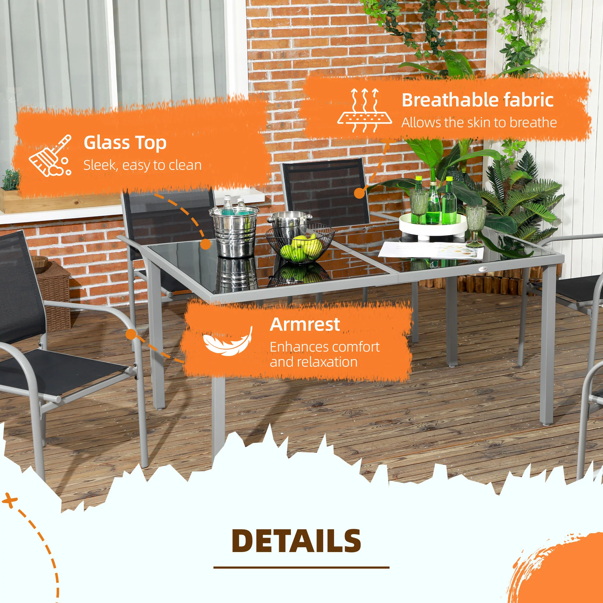 Outsunny 7 Piece Garden Dining Set, Steel Outdoor Table and Chairs, Black - Image 6
