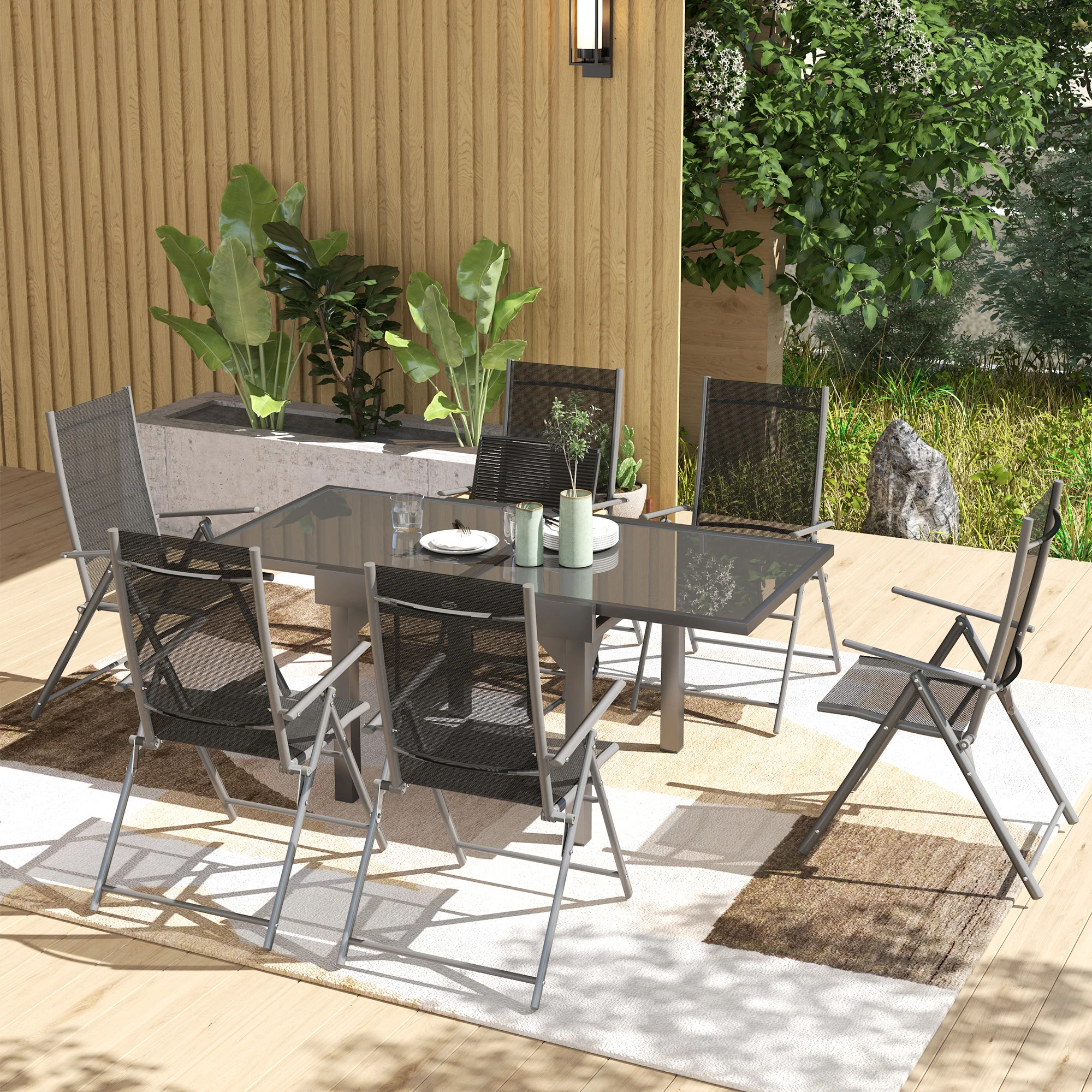 Outsunny 7 Piece Outdoor Dining Set w/ Extendable Table and 6 Folding Chairs - Image 2