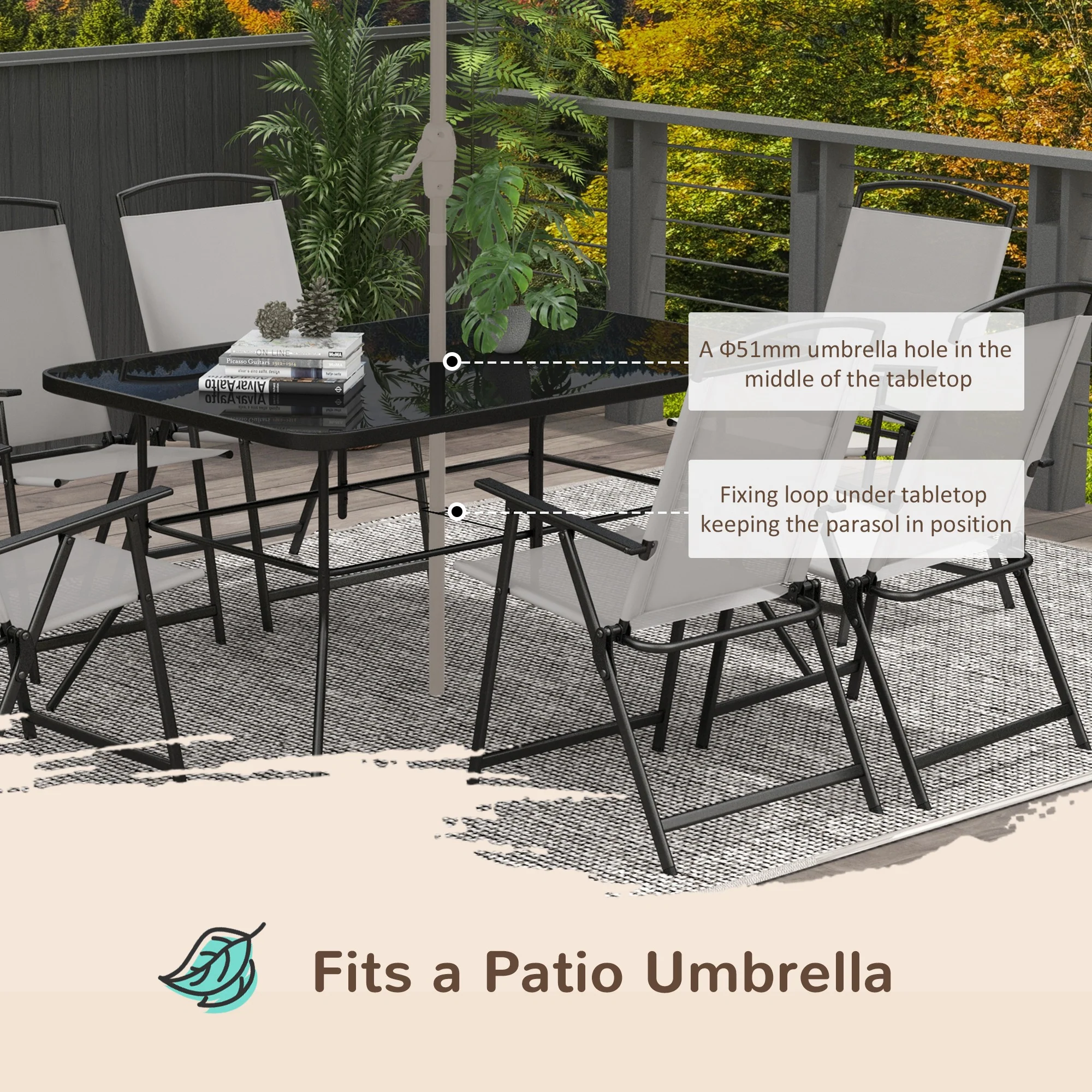 Outsunny 7 Pieces Garden Table and Chairs with Tempered Glass Top Grey - Image 6