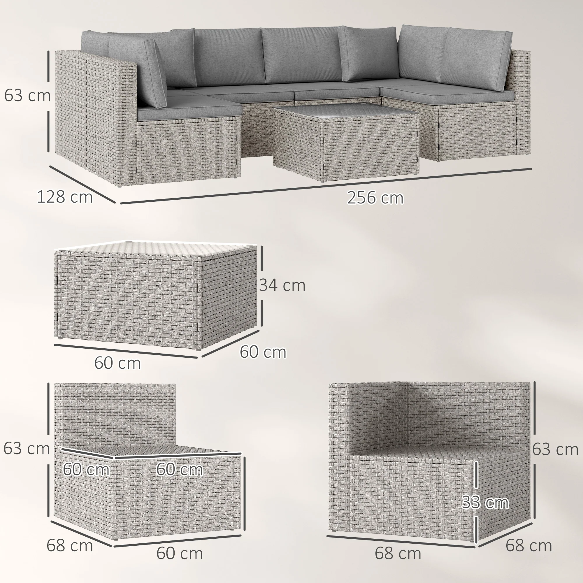 Outsunny 7 Pieces Rattan Garden Furniture Set with Cushions, Grey - Image 5