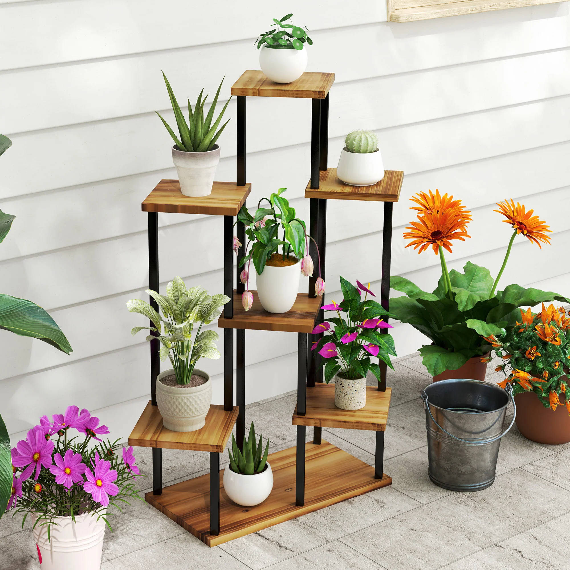 Outsunny 7 Tier Plant Stand, Tall Steel Wood Plant Shelf, Carbonised Finish - Image 8