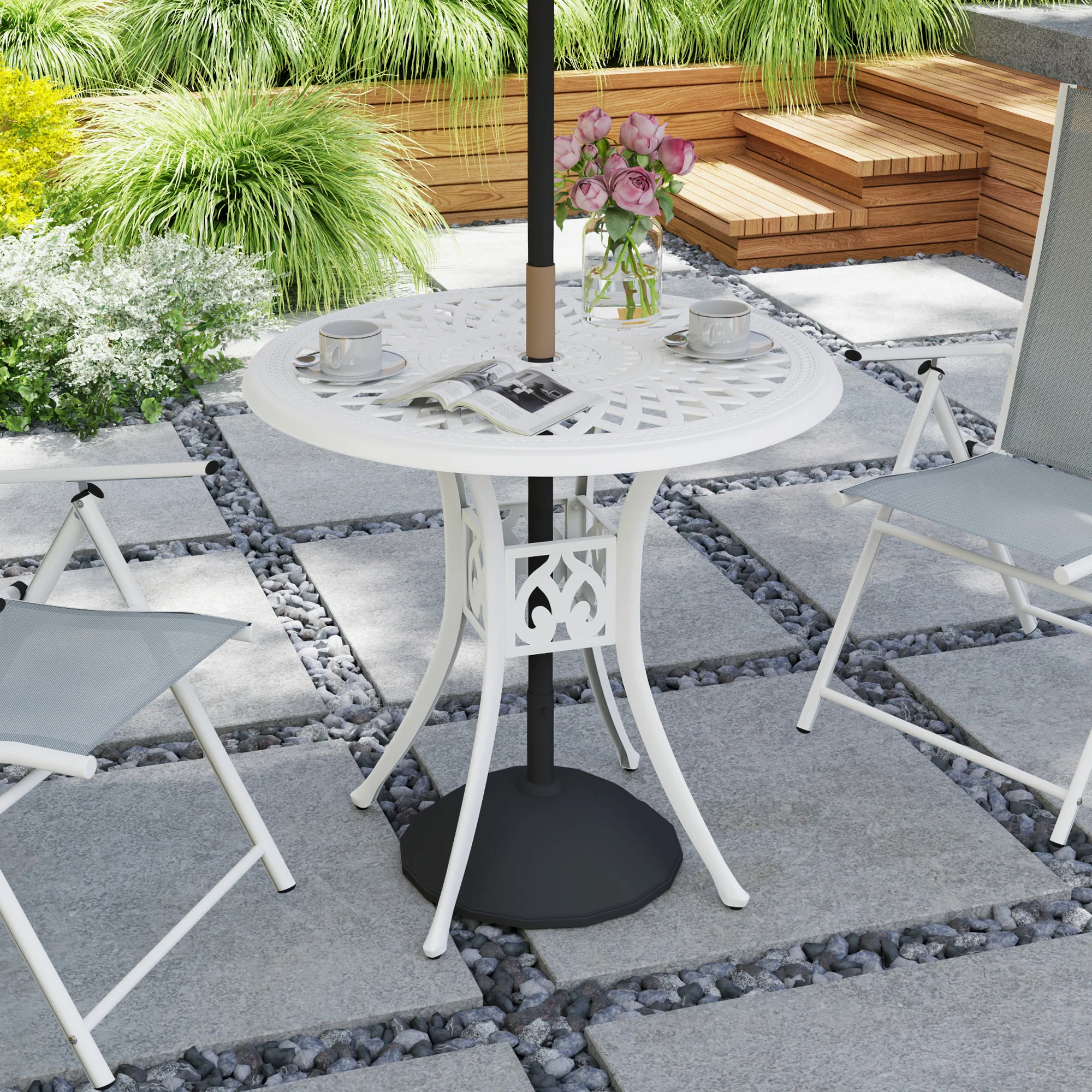 Outsunny 78 Cm Round Garden Dining Table With Parasol Hole, White - Image 11