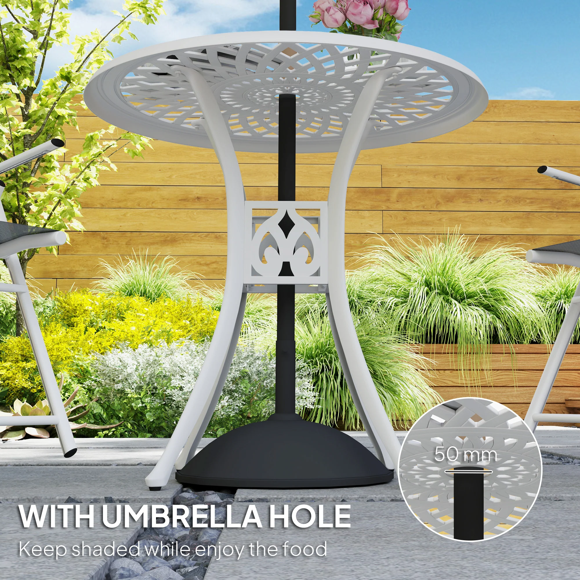 Outsunny 78 Cm Round Garden Dining Table With Parasol Hole, White - Image 13