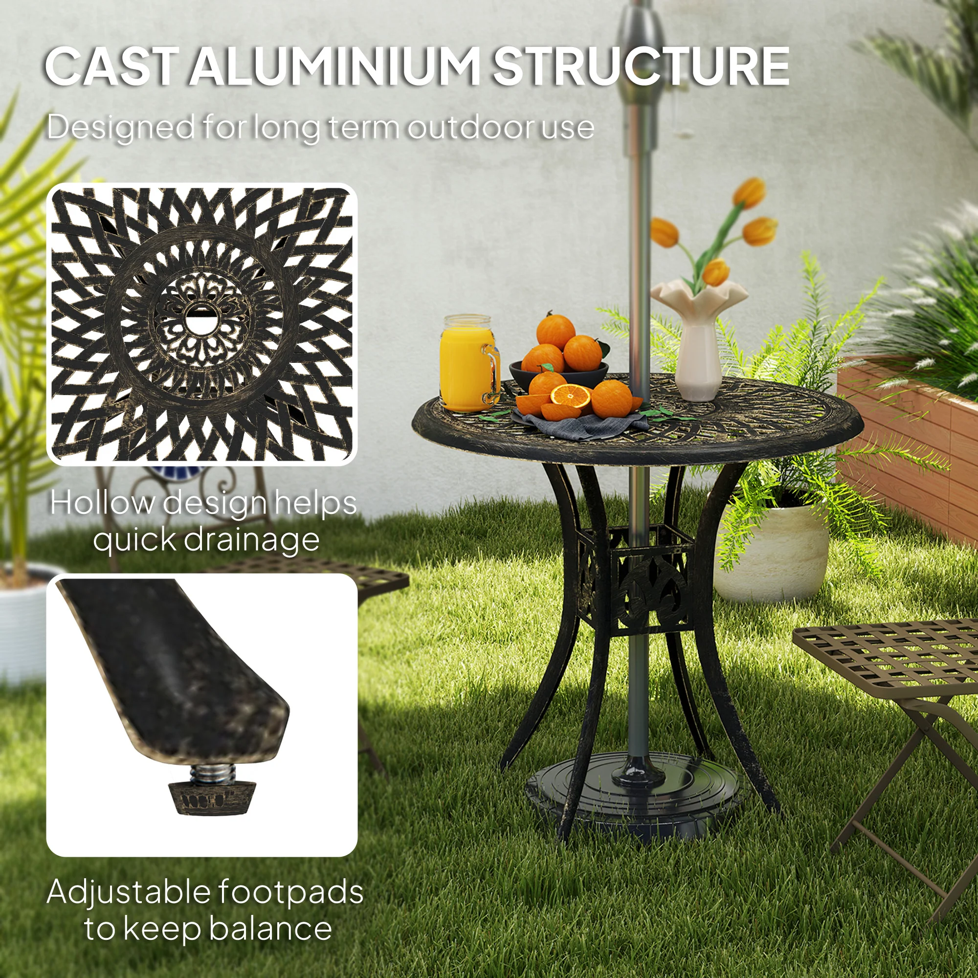 Outsunny 78 Cm Round Garden Dining Table With Parasol Hole, White - Image 3