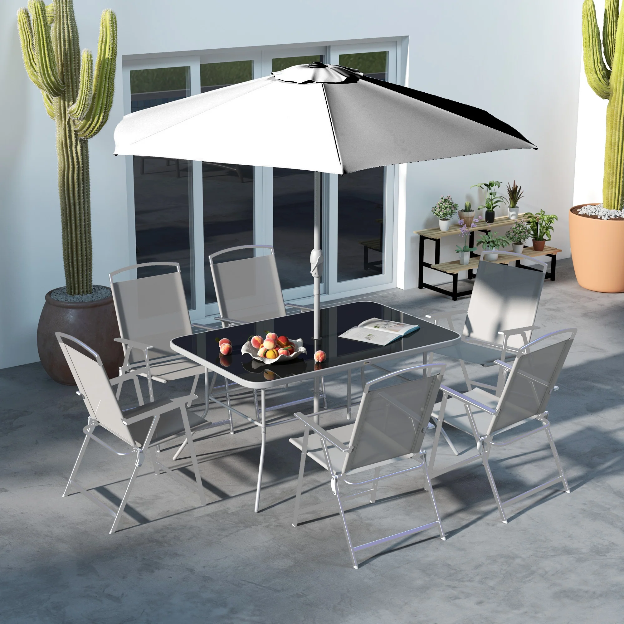 Outsunny 8 Pcs Garden Table and Chairs with Parasol Tempered Glass Top Grey - Image 2