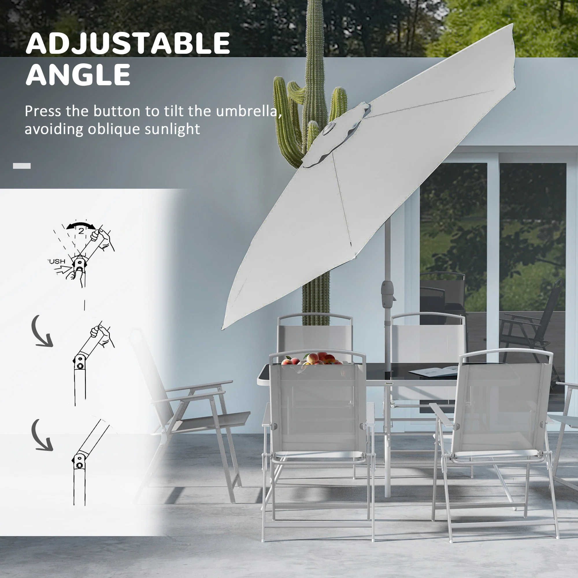 Outsunny 8 Pcs Garden Table and Chairs with Parasol Tempered Glass Top Grey - Image 6