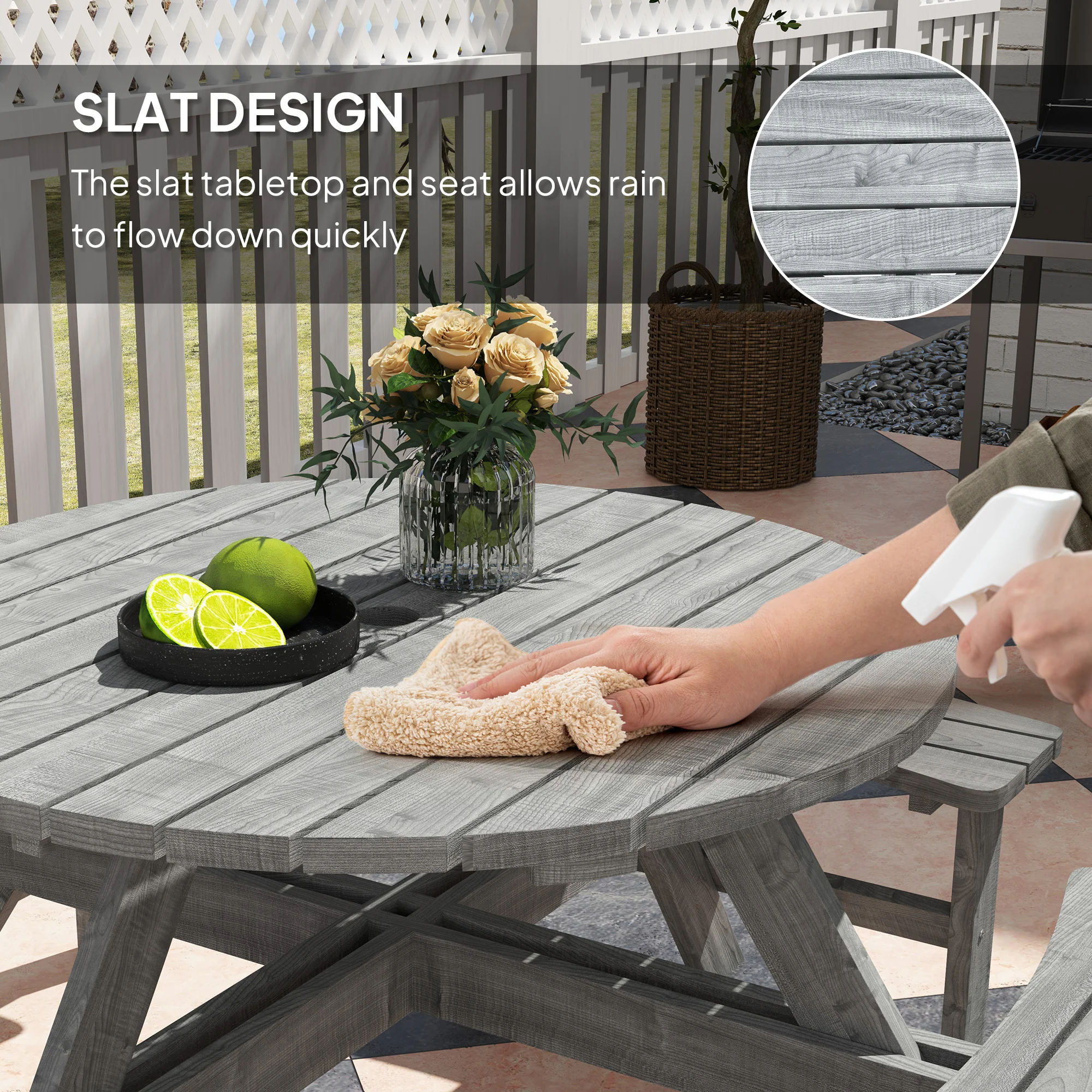 Outsunny 8 Seat Outdoor Wooden Picnic Table with Bench, Parasol Hole, Grey - Image 6