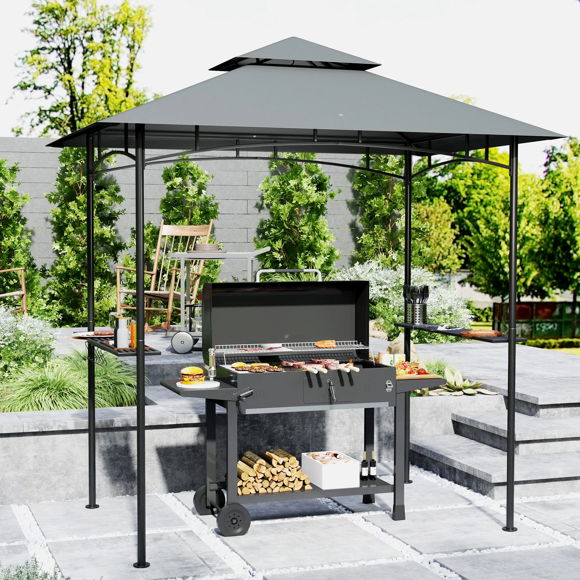 Outsunny 8' X 5' Grill Gazebo, Double Tiered Outdoor BBQ Shelter, Dark Grey - Image 11