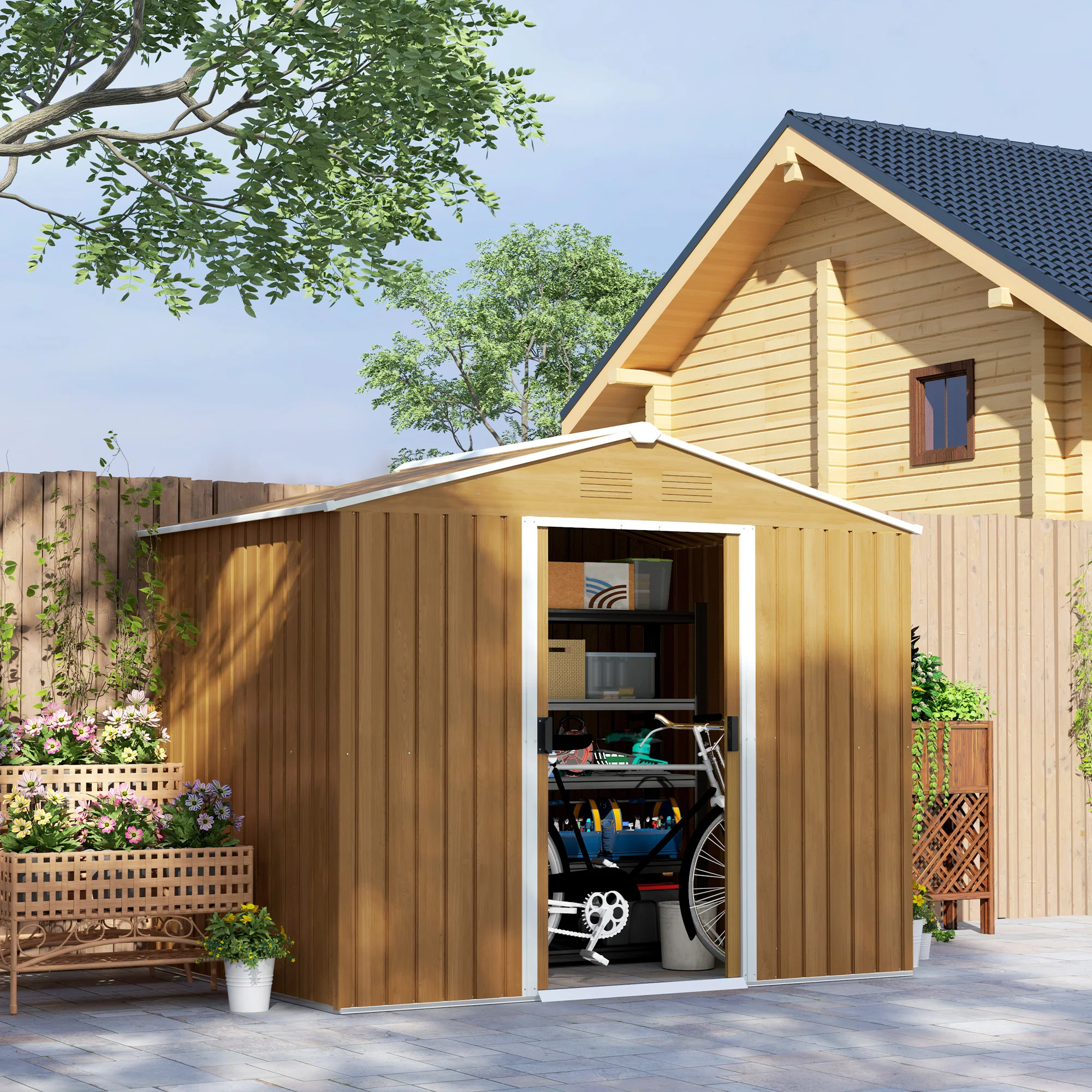 Outsunny 8 X 6ft Garden Storage Shed With Double Door Chocolate Wood Effect - Image 2