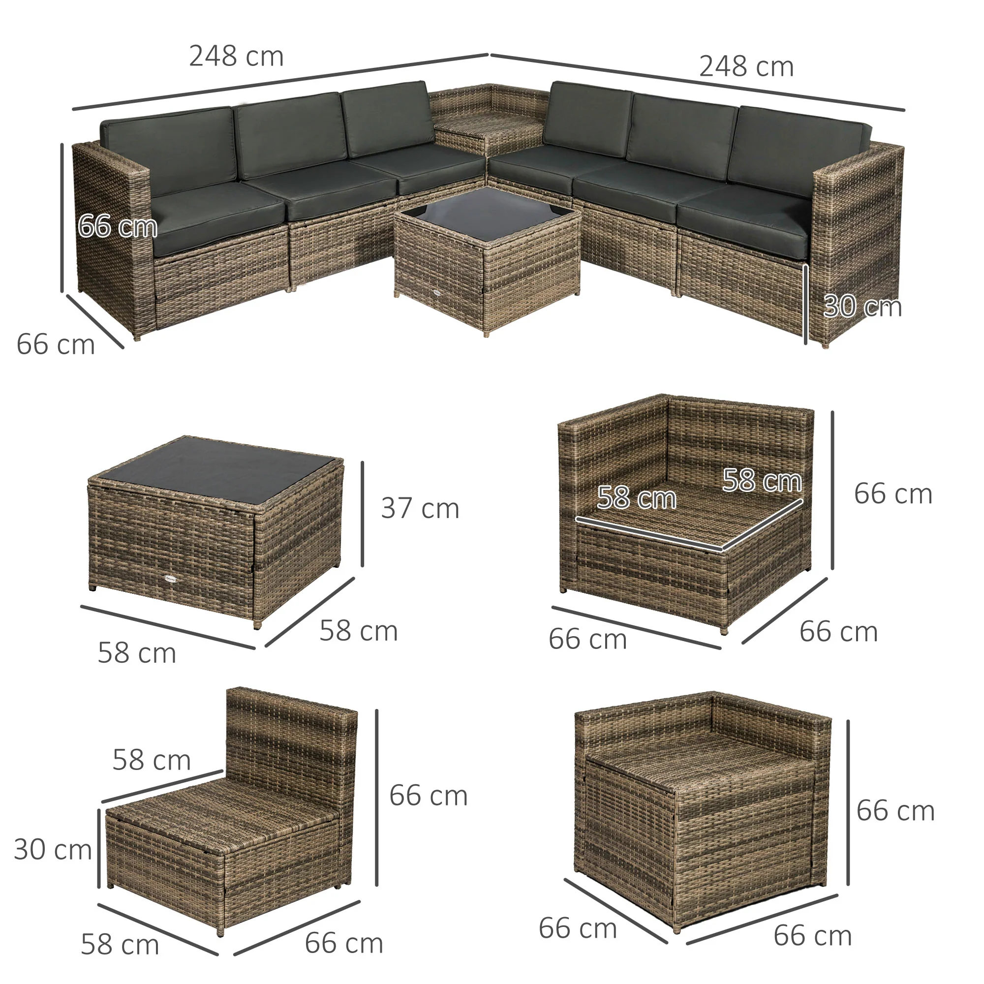 Outsunny 8Pcs Patio Rattan Sofa Set Garden Furniture Side Table w/ Cushion - Image 5