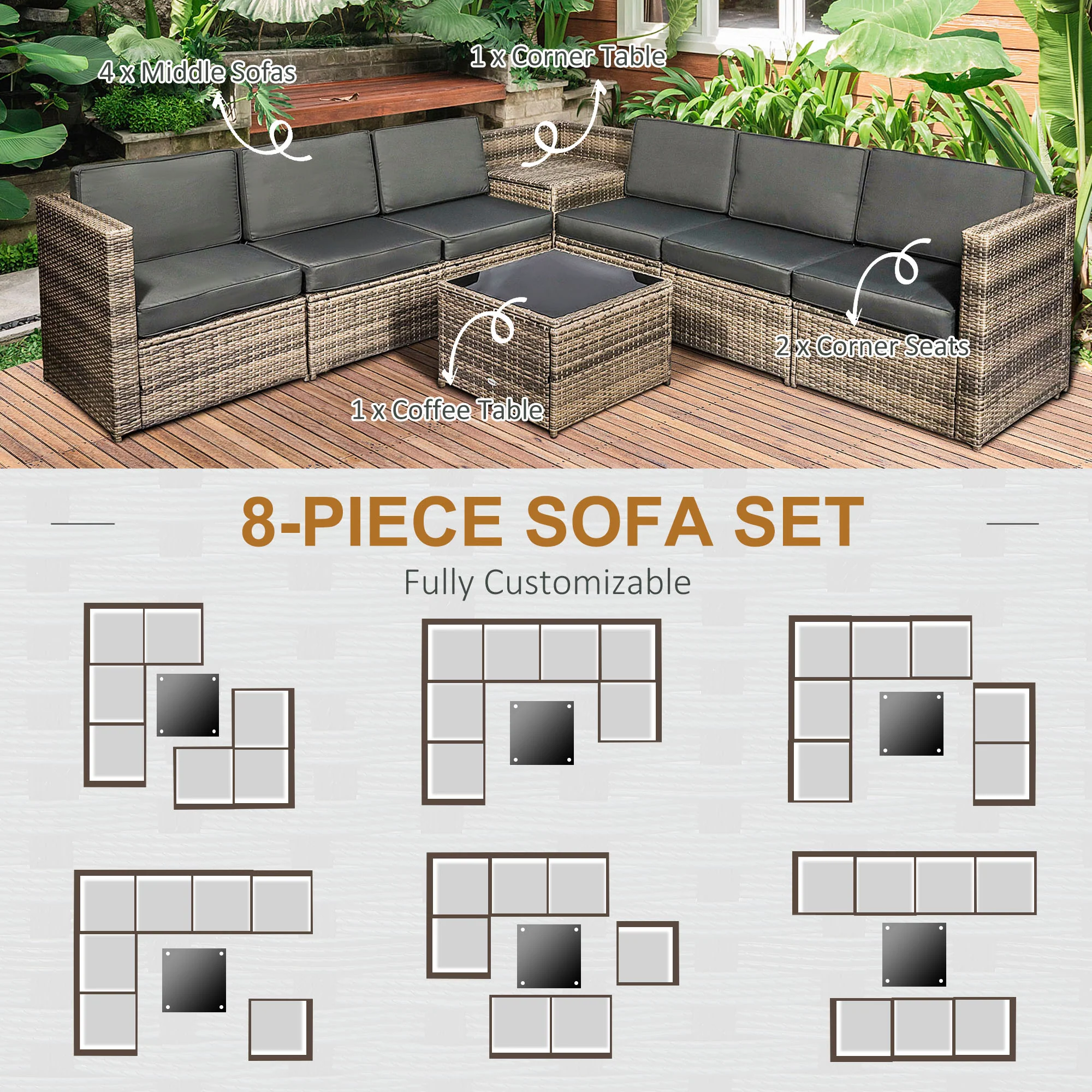 Outsunny 8Pcs Patio Rattan Sofa Set Garden Furniture Side Table w/ Cushion - Image 6