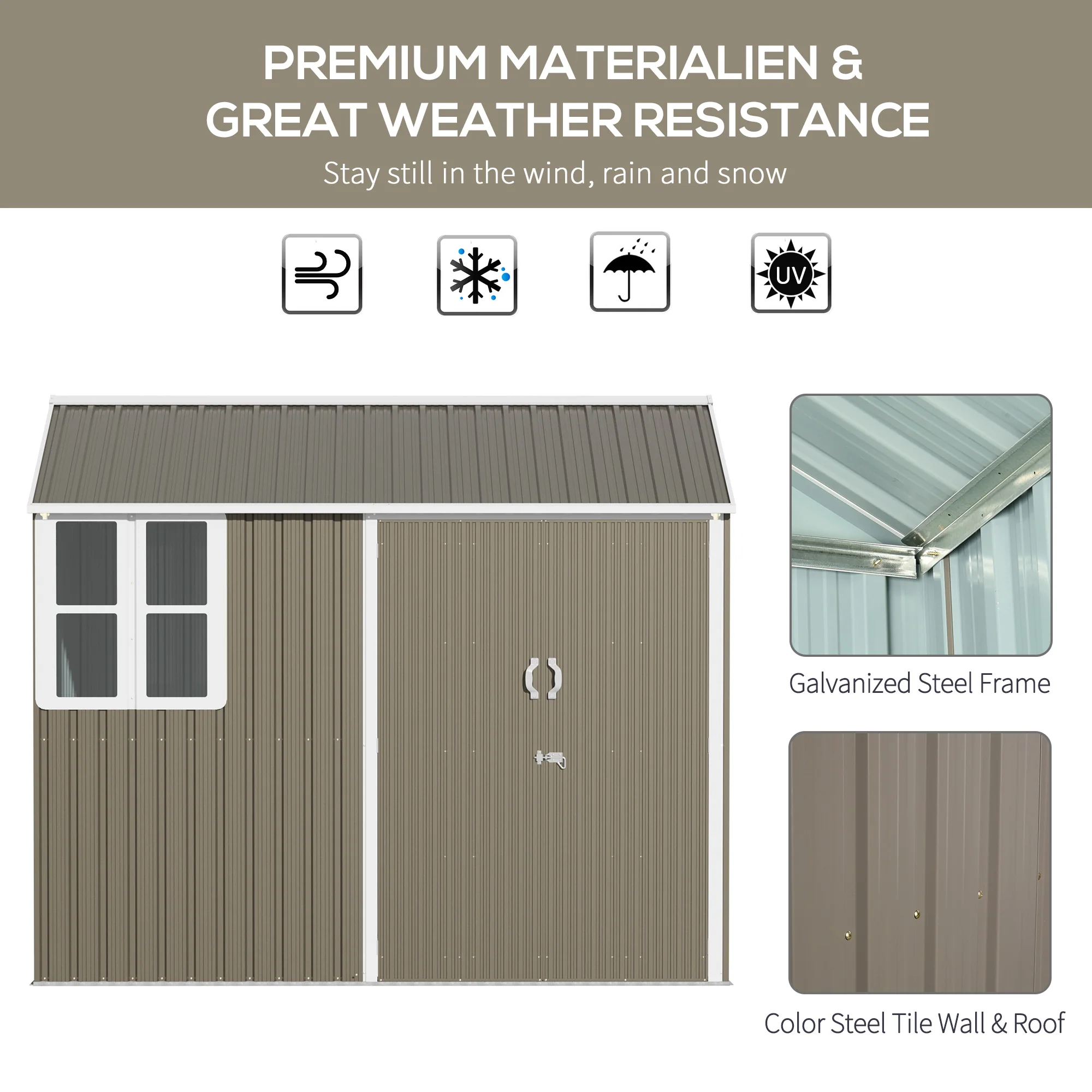 Outsunny 8x6ft Metal Garden Shed Outdoor Storage Shed W/ Doors Window, Grey - Image 3