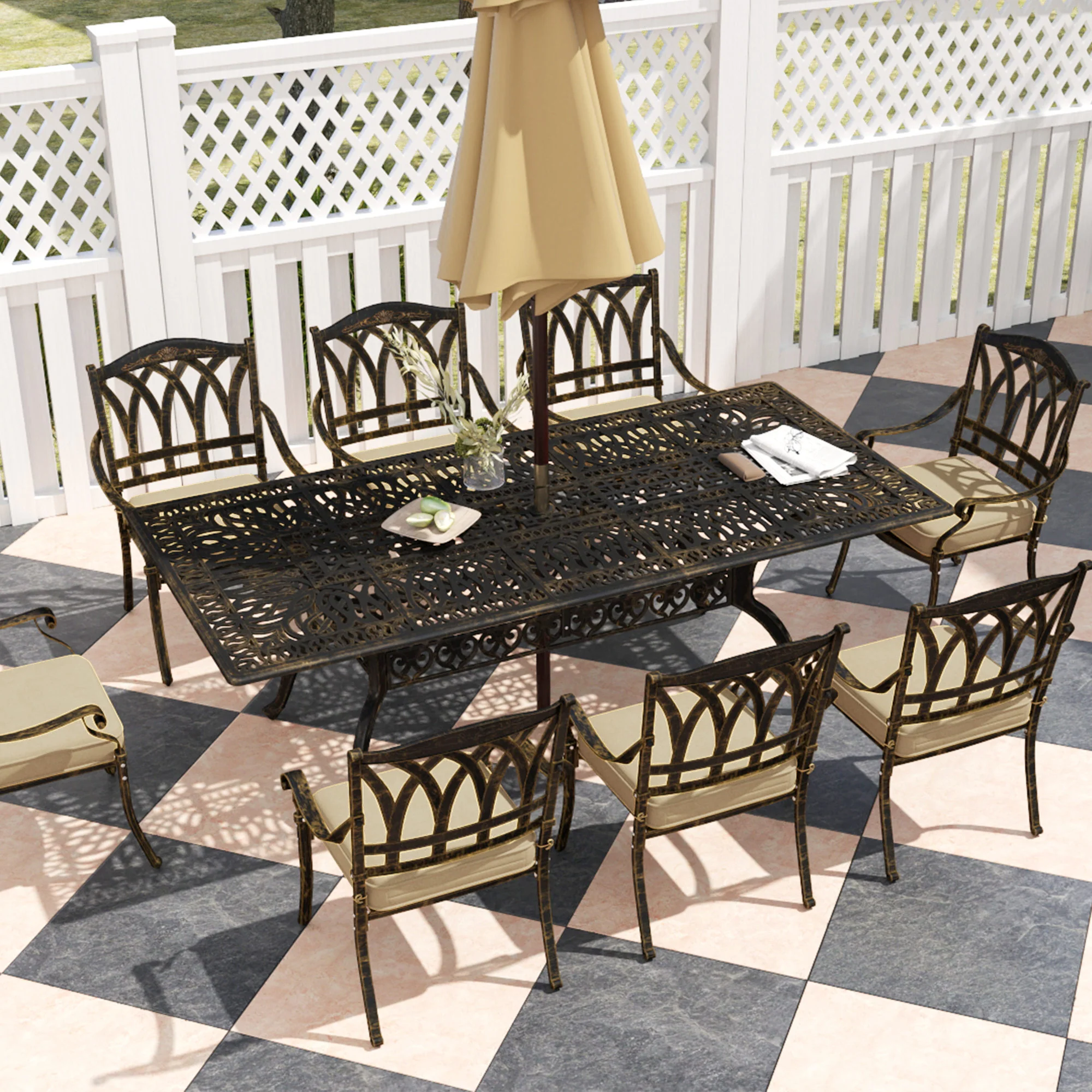 Outsunny 9 Pieces Cast Aluminium Garden Dining Set With Parasol Hole, Bronze - Image 9