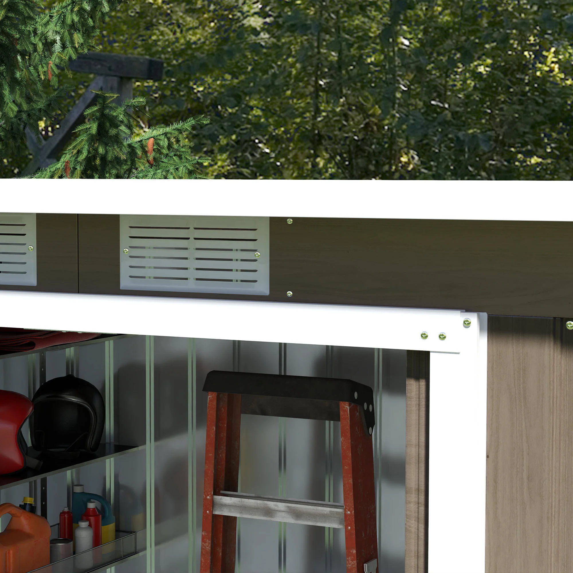 Outsunny 9 x 4FT Metal Garden Storage Shed w/ 2 Door, Light Grey Wood Grain - Image 8
