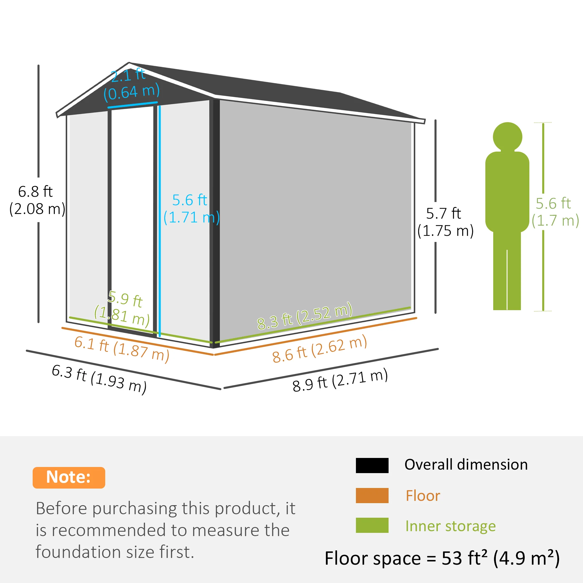 Outsunny 9'x6' Galvanised Metal Garden Shed Tool Storage Shed for Patio Grey - Image 5