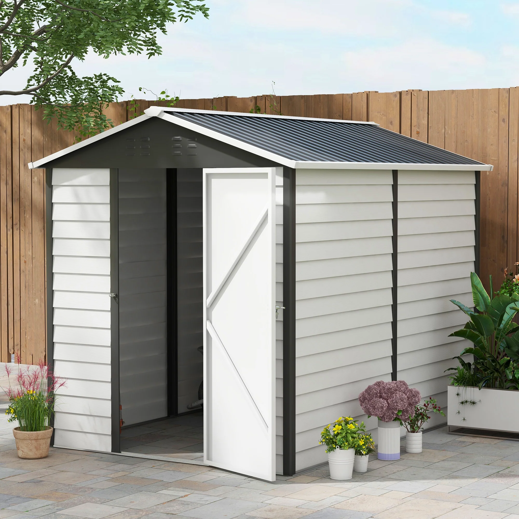 Outsunny 9'x6' Galvanised Metal Garden Shed Tool Storage Shed for Patio Grey - Image 7