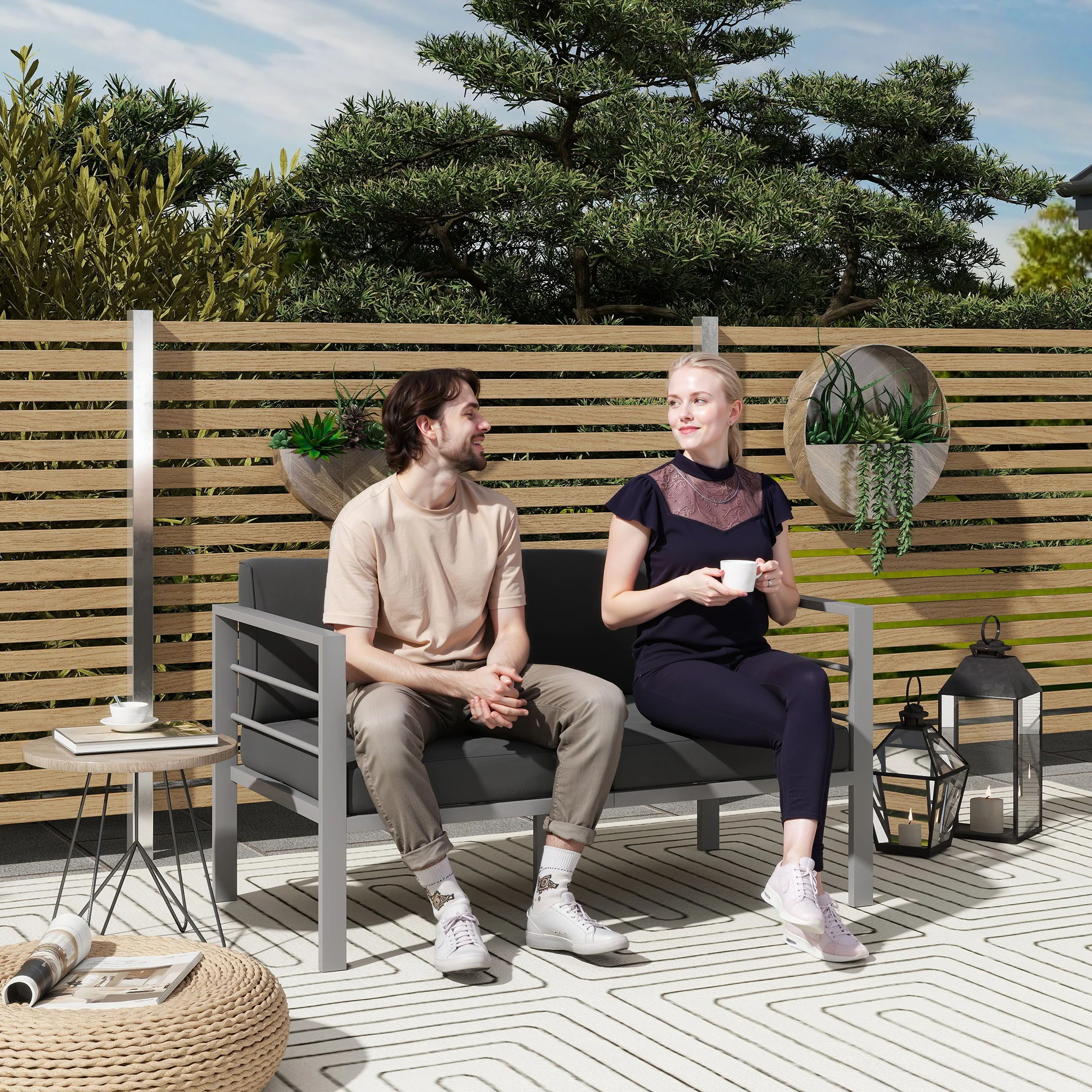 Outsunny All-Weather Garden Loveseat with Removable Cushions, Charcoal Grey - Image 2