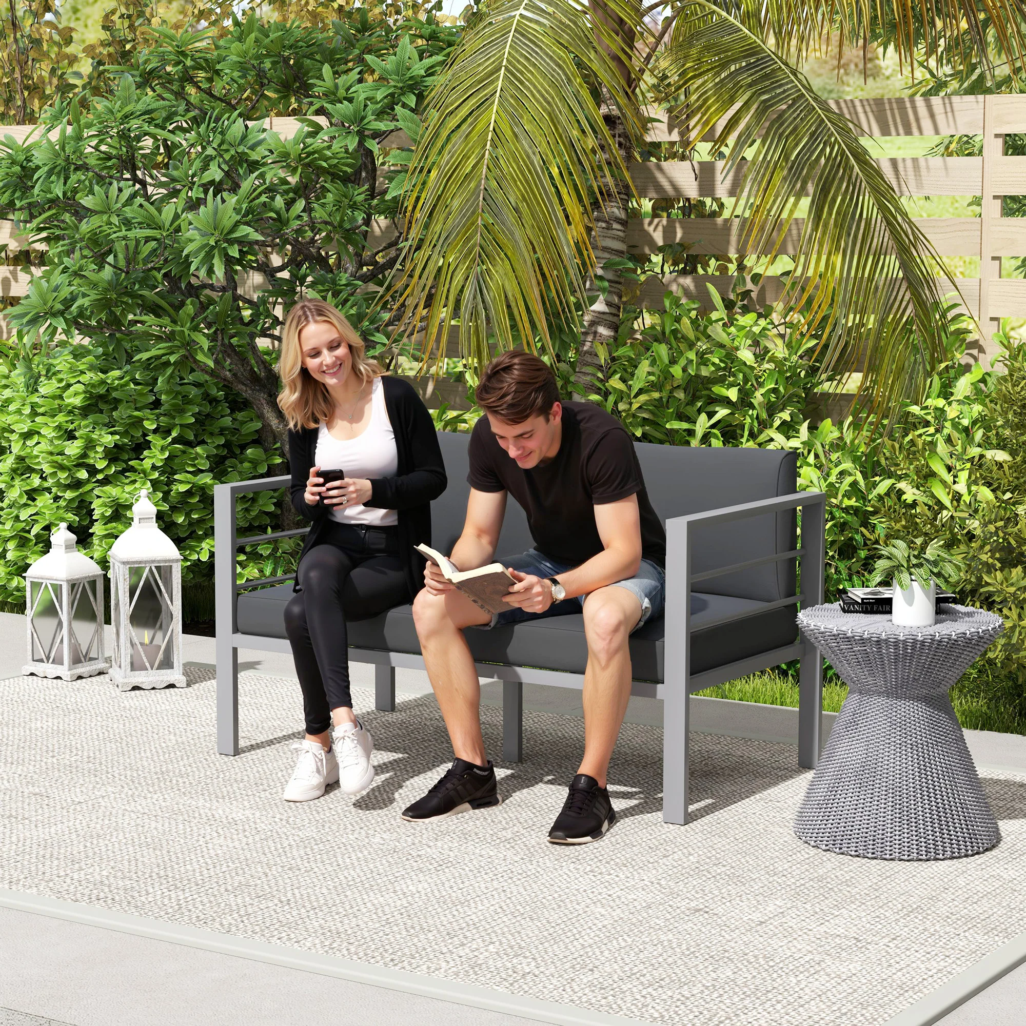 Outsunny All-Weather Garden Loveseat with Removable Cushions, Charcoal Grey - Image 7