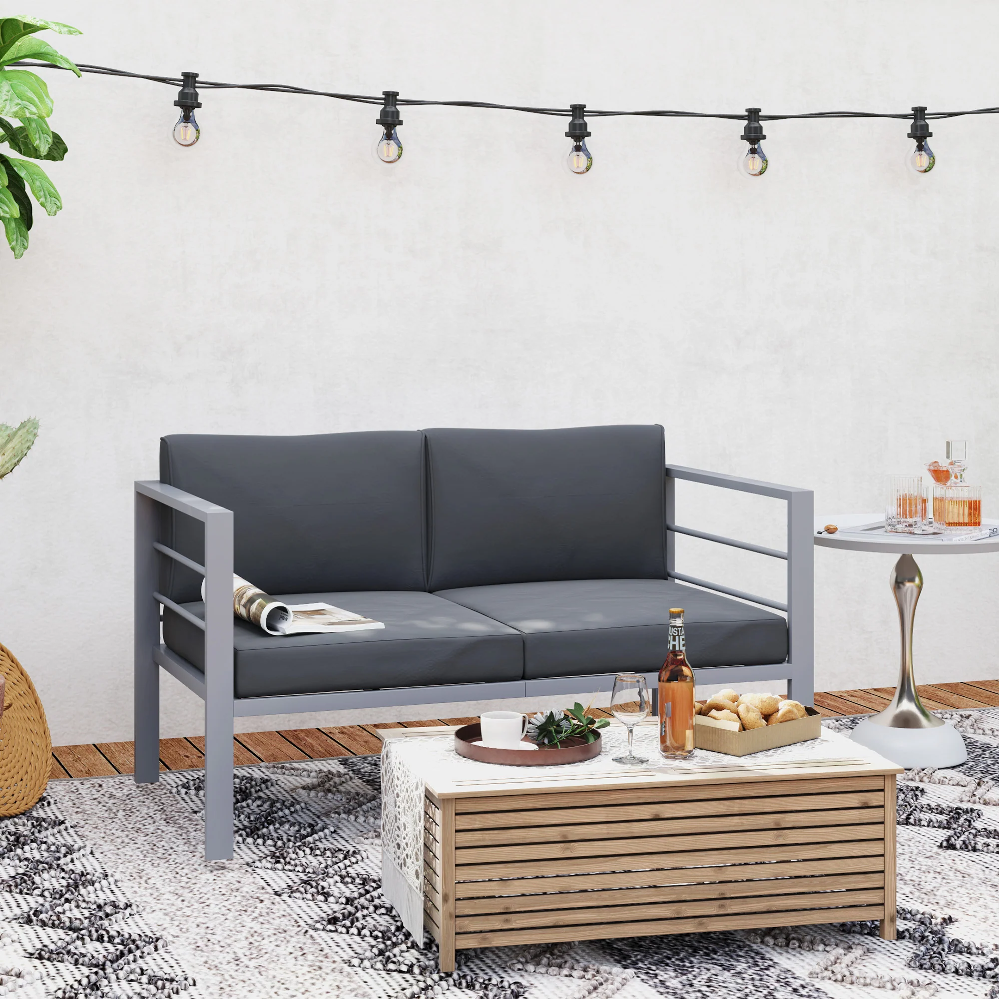 Outsunny All-Weather Garden Loveseat with Removable Cushions, Charcoal Grey - Image 8