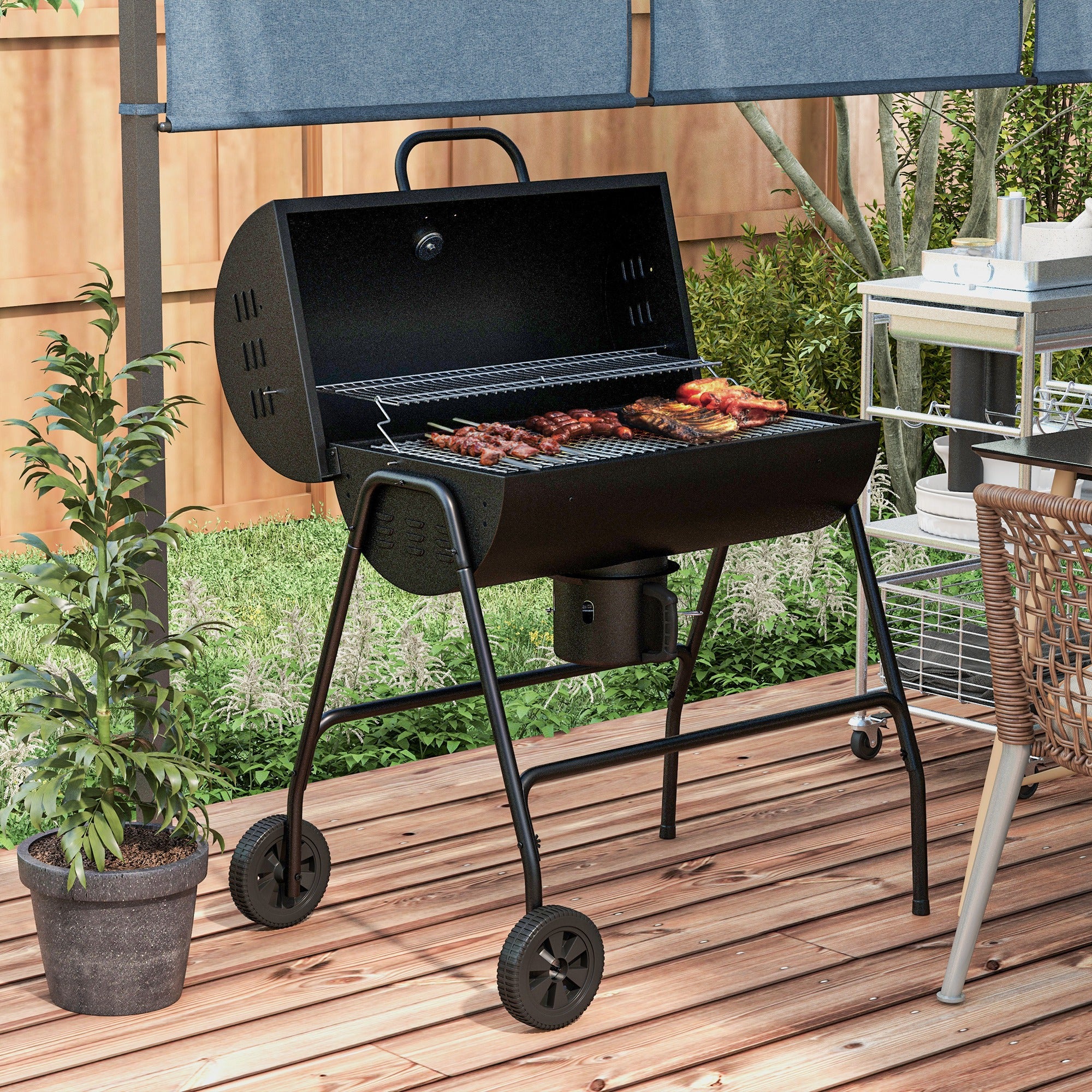 Outsunny Barrel Charcoal Barbecue BBQ Grill Trolley W/ Ash Catcher Thermometer - Image 2