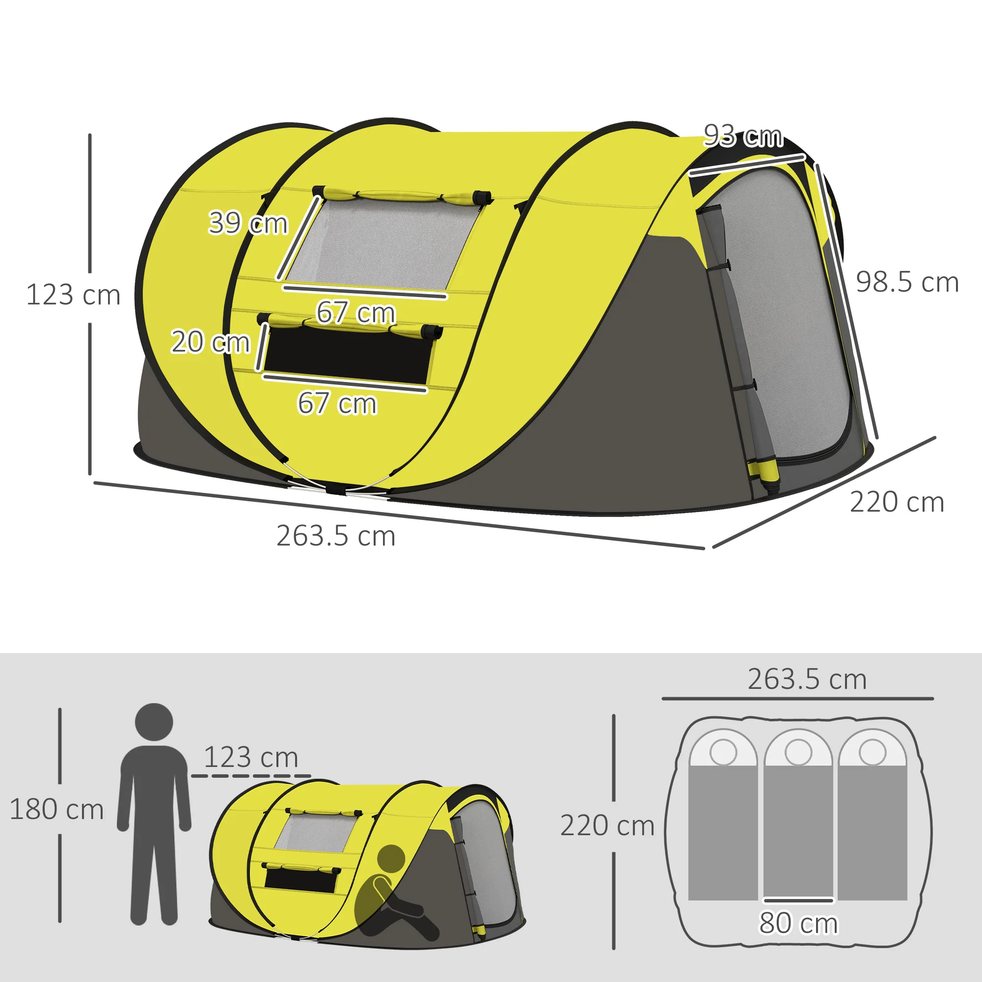 Outsunny Camping Tent Dome Pop-up Tent with Windows for 4-5 Person Yellow - Image 5
