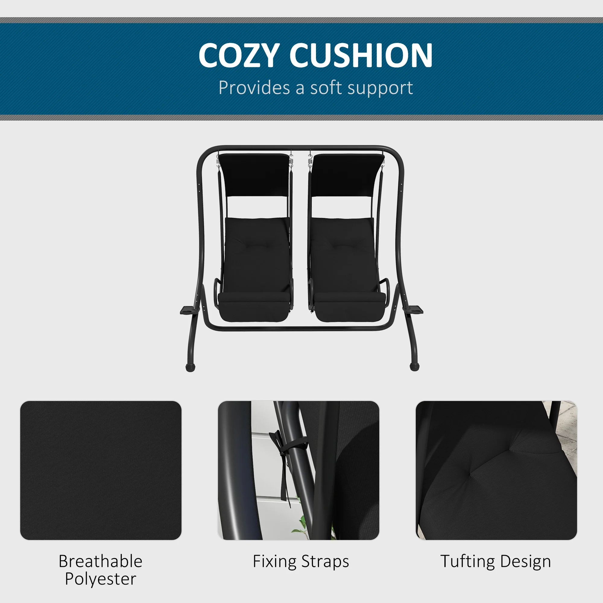 Outsunny Canopy Swing 2 Separate Relax Chairs w/ Handrails, Cup Holders - Image 6