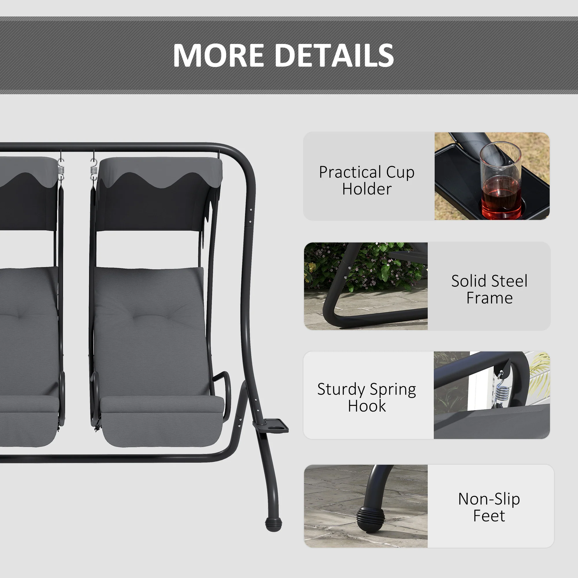 Outsunny Canopy Swing 2 Separate Relax Chairs w/ Handrails, Cup Holders Grey - Image 4