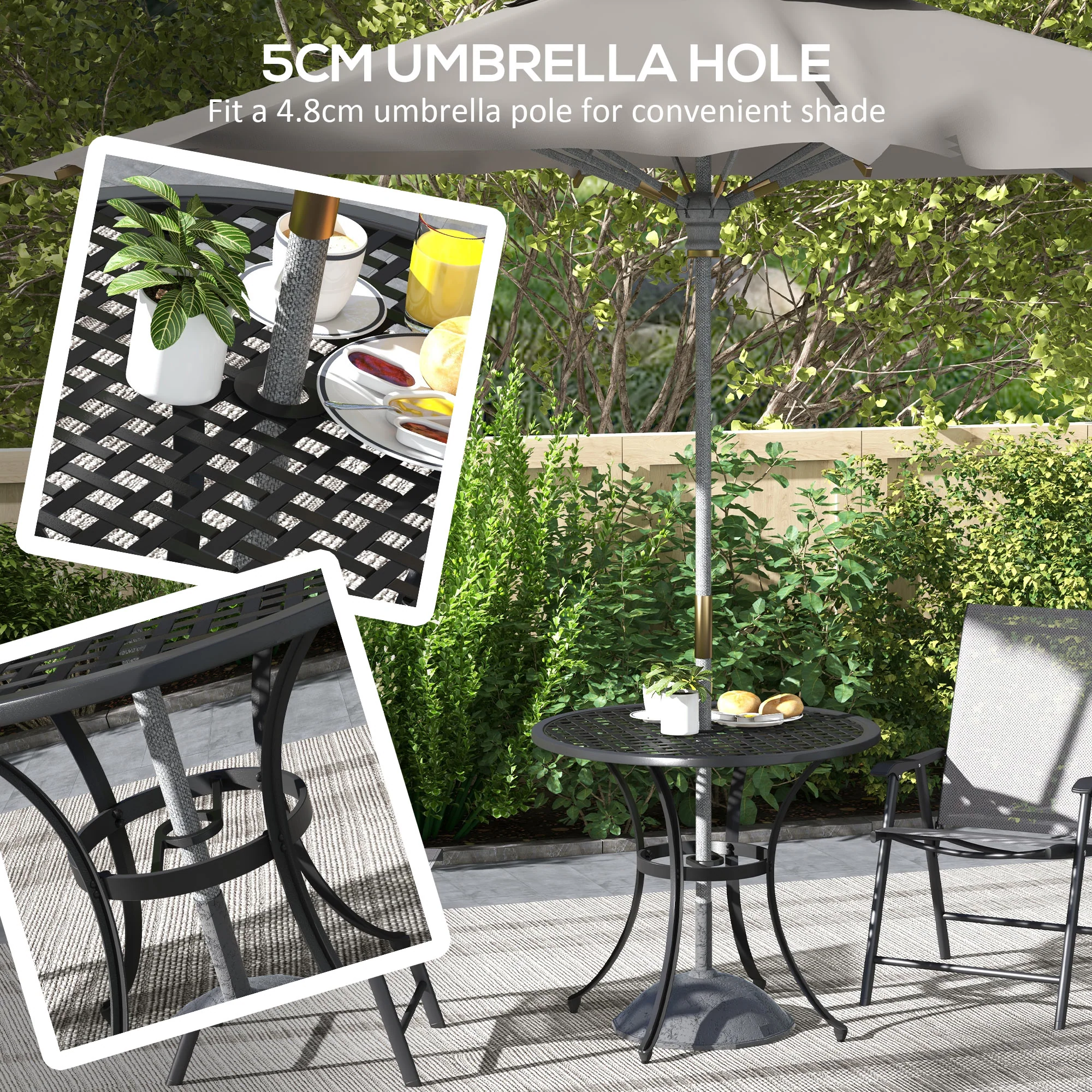 Outsunny Cast Aluminium Bistro Table with Umbrella Hole for Balcony, Black - Image 3