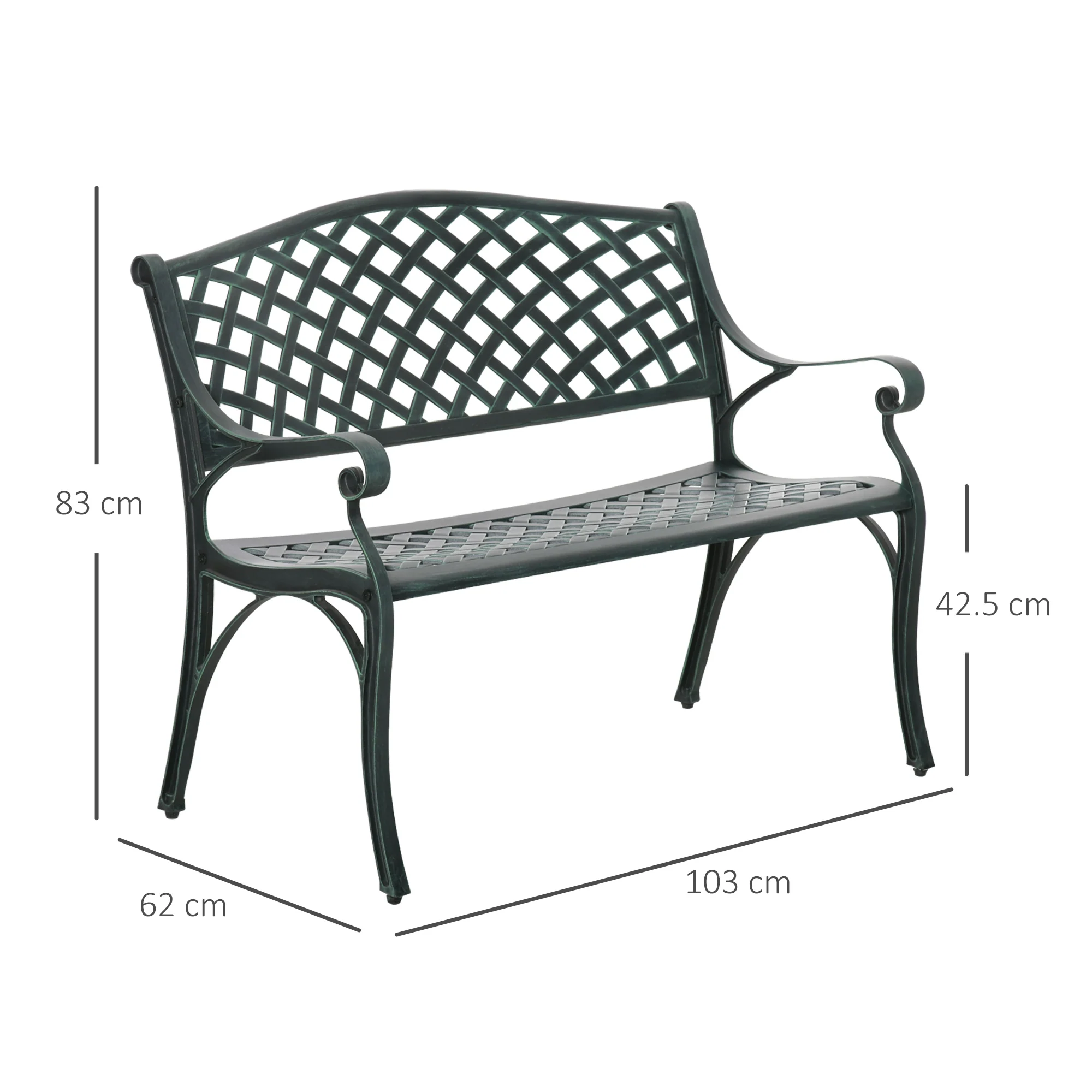 Outsunny Cast Aluminium Garden Bench 2 Seater Antique Loveseat for Outdoor Patio Porch Park, Verdigris - Image 2