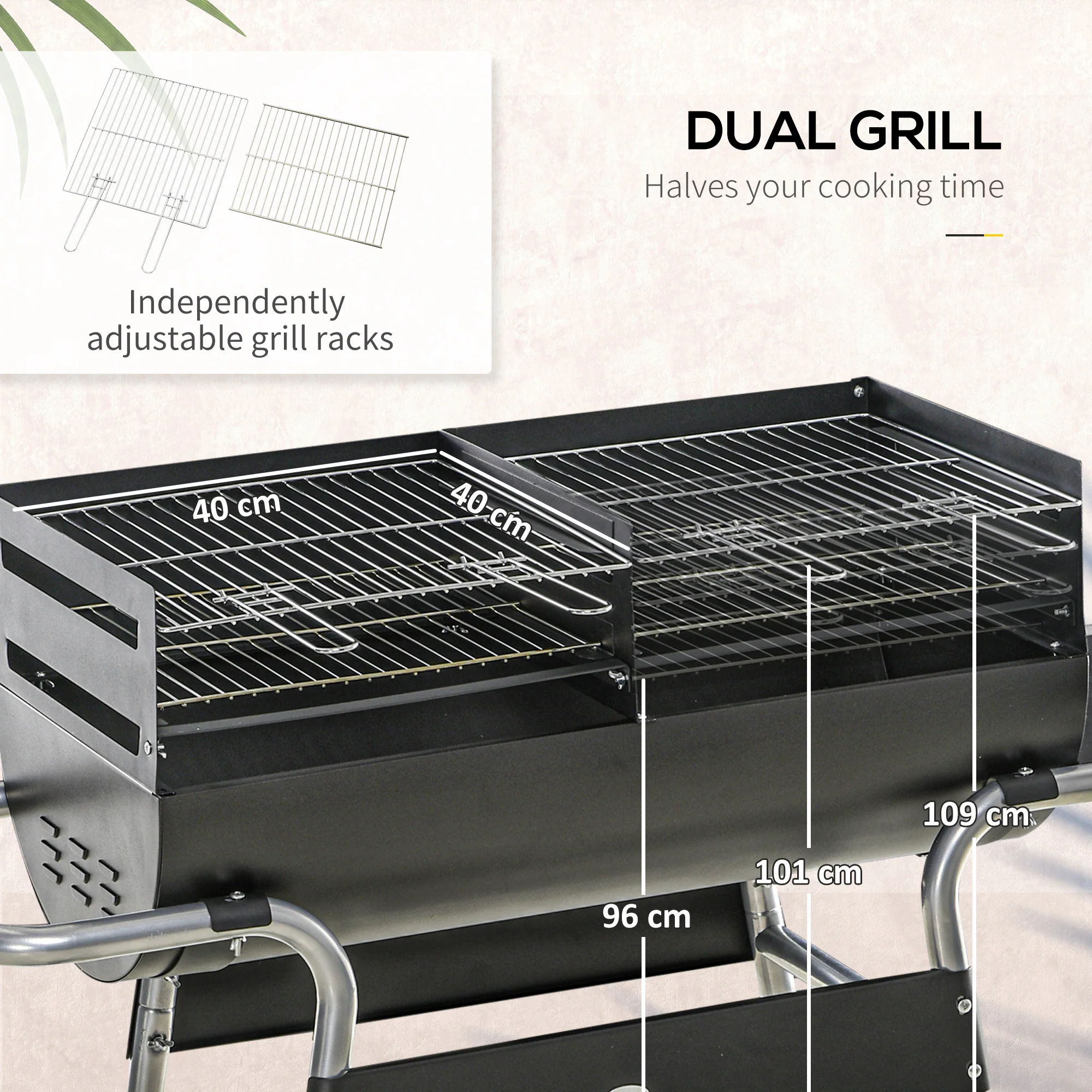 Outsunny Charcoal BBQ Grill with Double Grill, Table, Storage Shelf and Wheels - Image 10