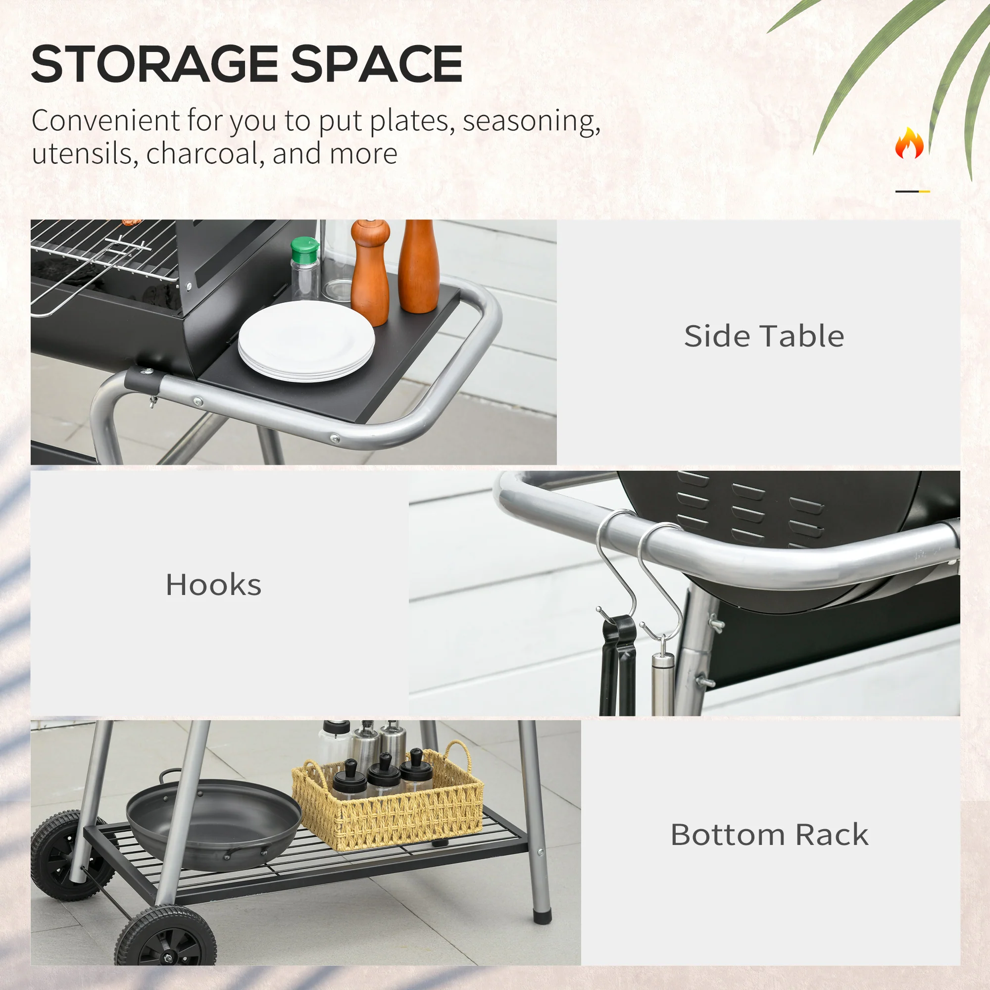 Outsunny Charcoal BBQ Grill with Double Grill, Table, Storage Shelf and Wheels - Image 11