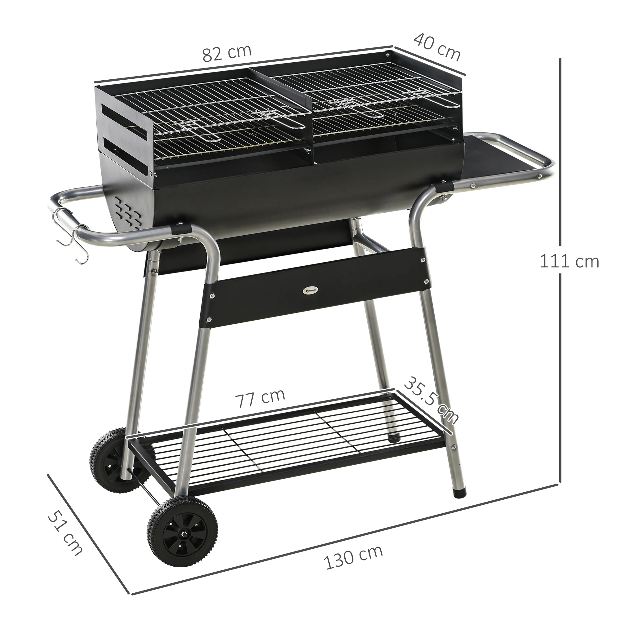 Outsunny Charcoal BBQ Grill with Double Grill, Table, Storage Shelf and Wheels - Image 12