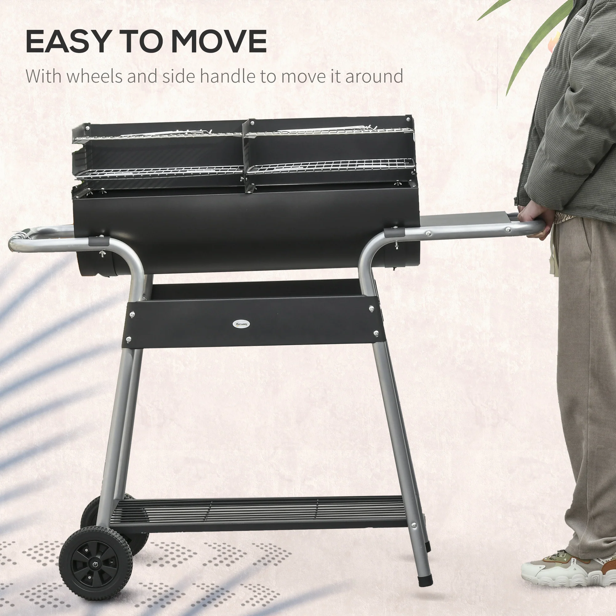 Outsunny Charcoal BBQ Grill with Double Grill, Table, Storage Shelf and Wheels - Image 13