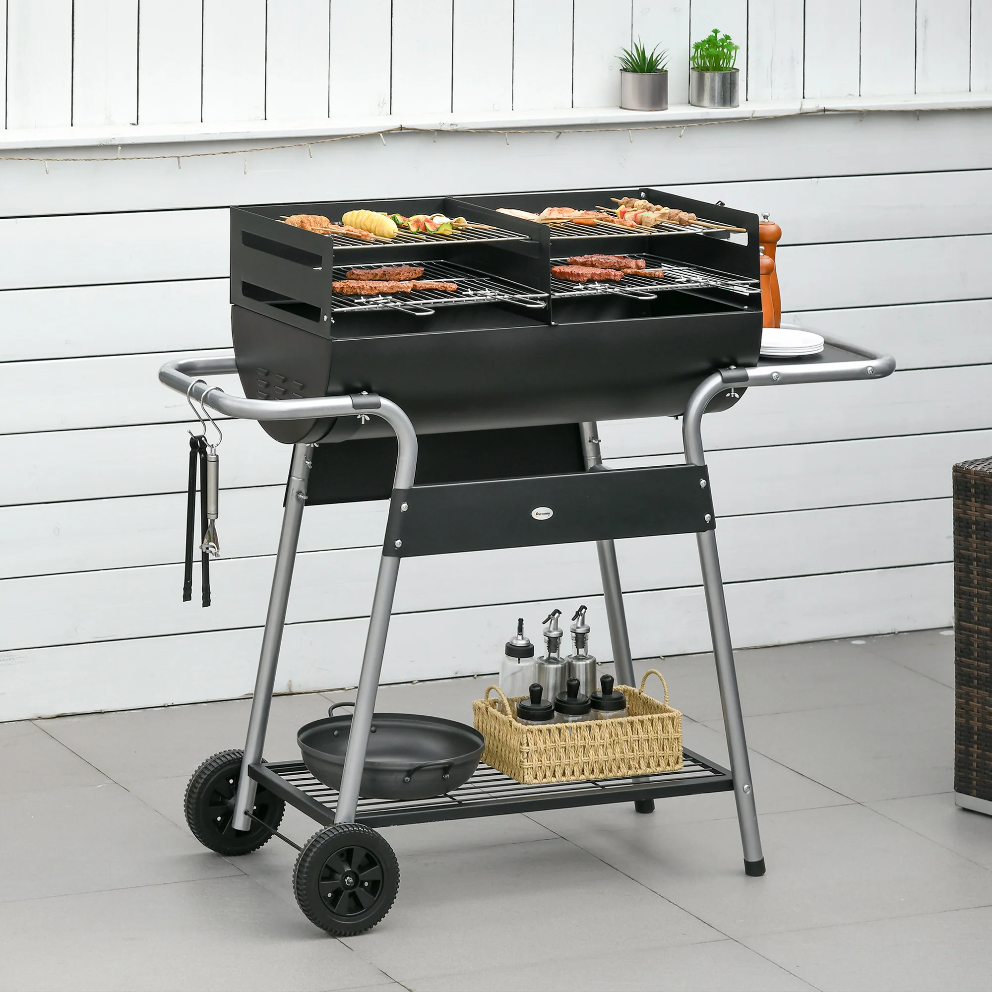 Outsunny Charcoal BBQ Grill with Double Grill, Table, Storage Shelf and Wheels - Image 9