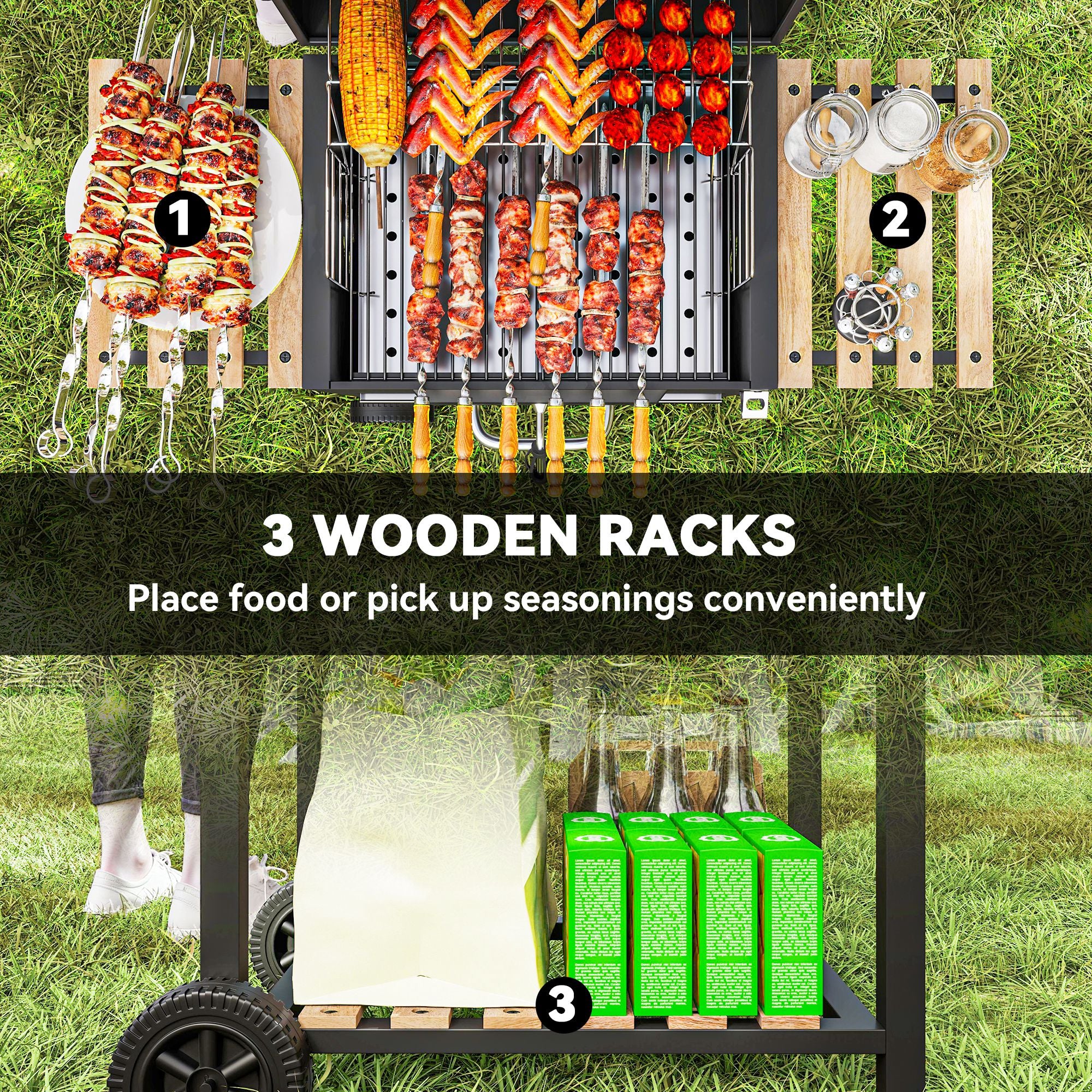 Outsunny Charcoal BBQ Grill With Warming Rack 3 Shelves Temperature Gauge - Image 7