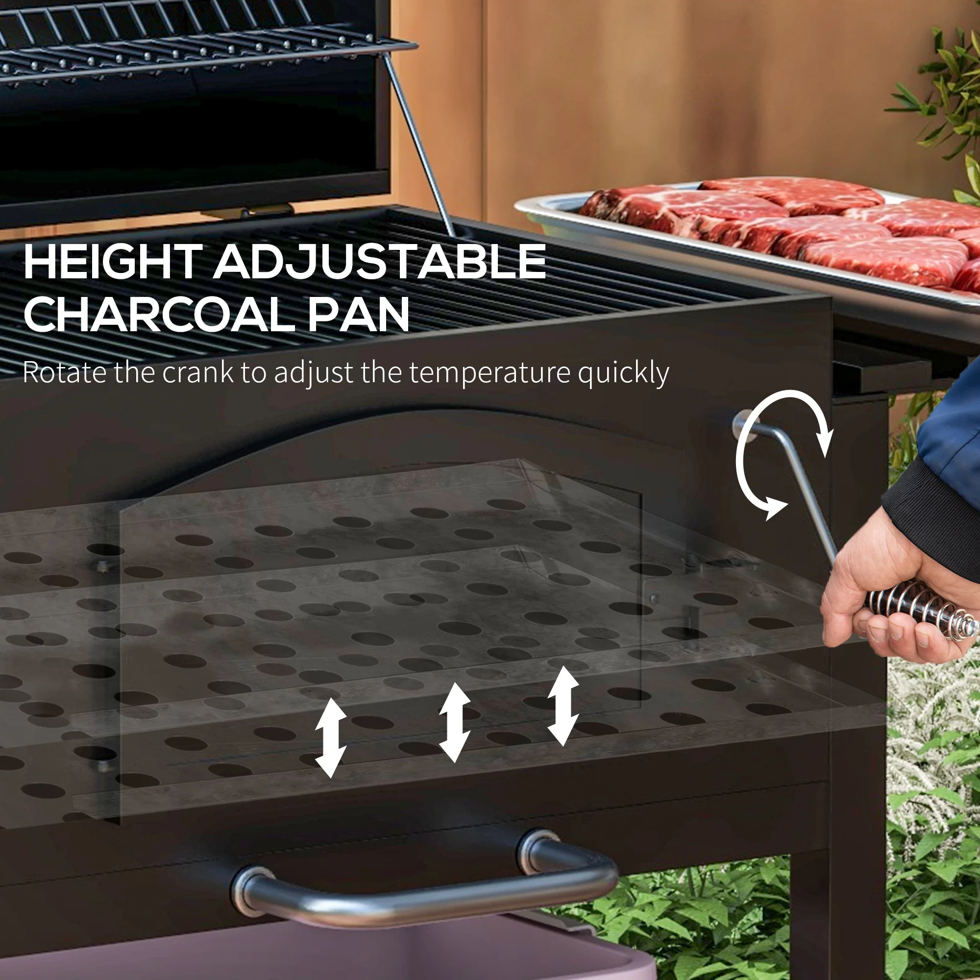 Outsunny Charcoal Grill BBQ Trolley w/ Adjustable Charcoal Height & Thermometer - Image 7