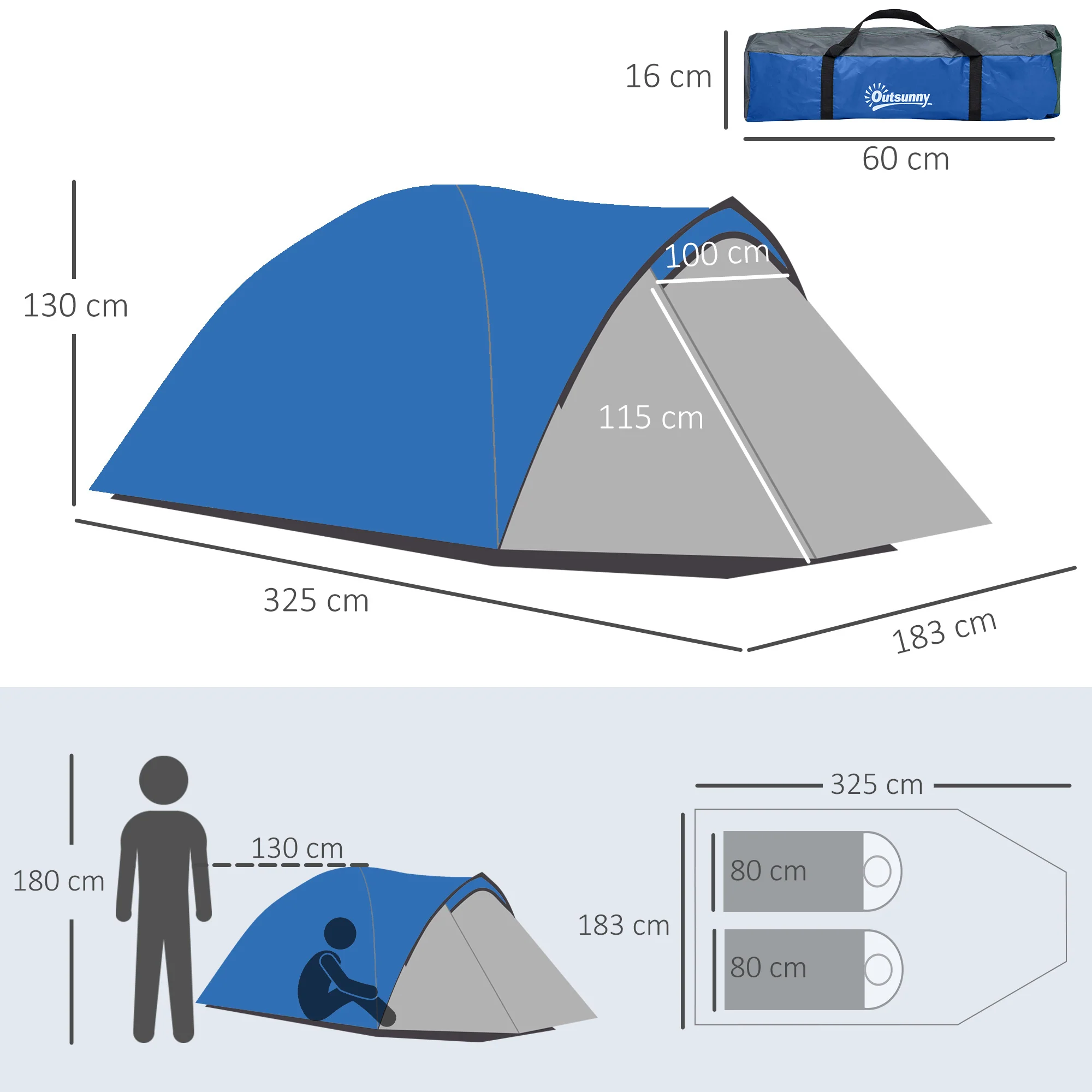 Outsunny Compact Camping Tent w/ Vestibule & Mesh Vents for Hiking Blue - Image 5