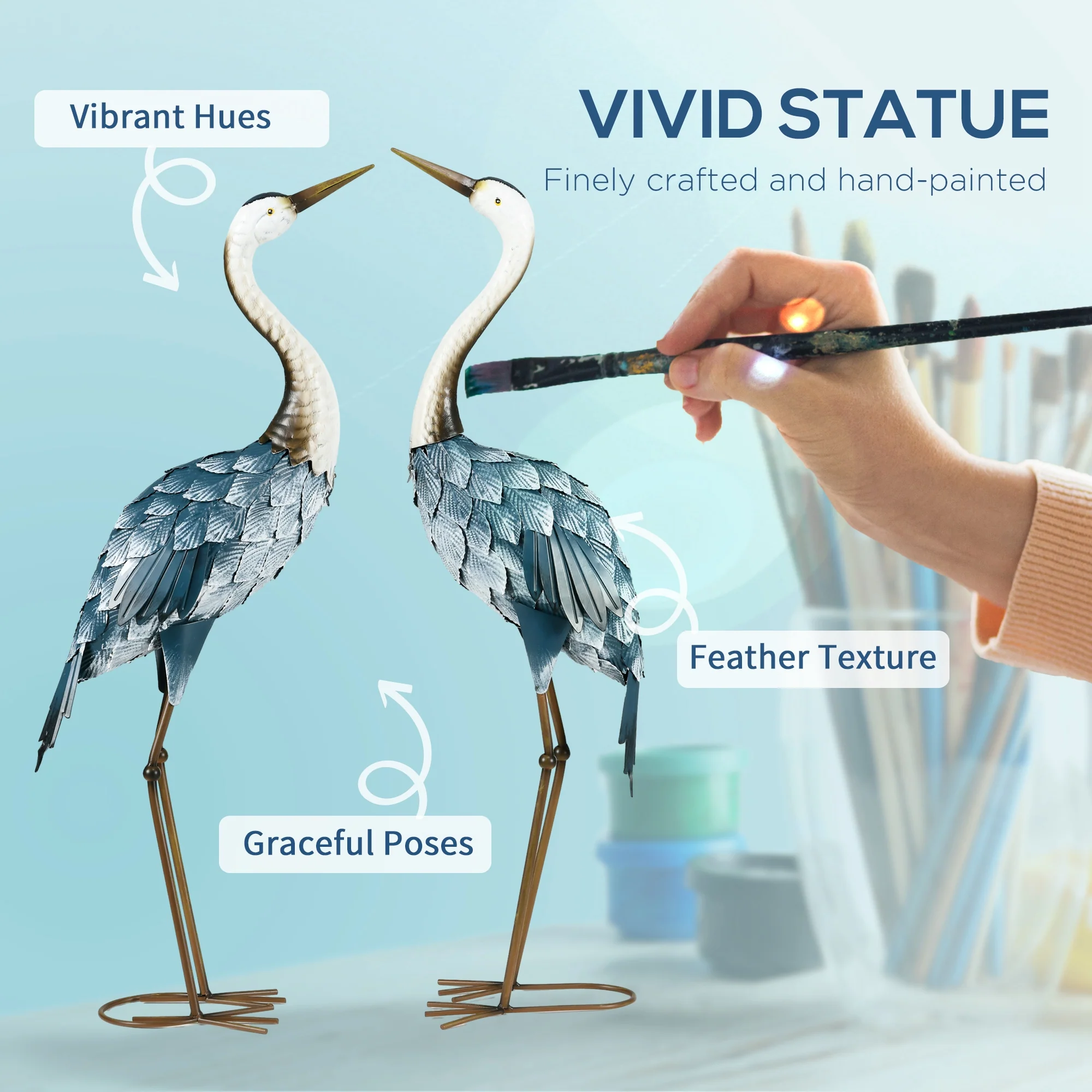 Outsunny Crane Garden Ornaments, 2 PCS Steel Garden Statue Set Multi-Colour - Image 3