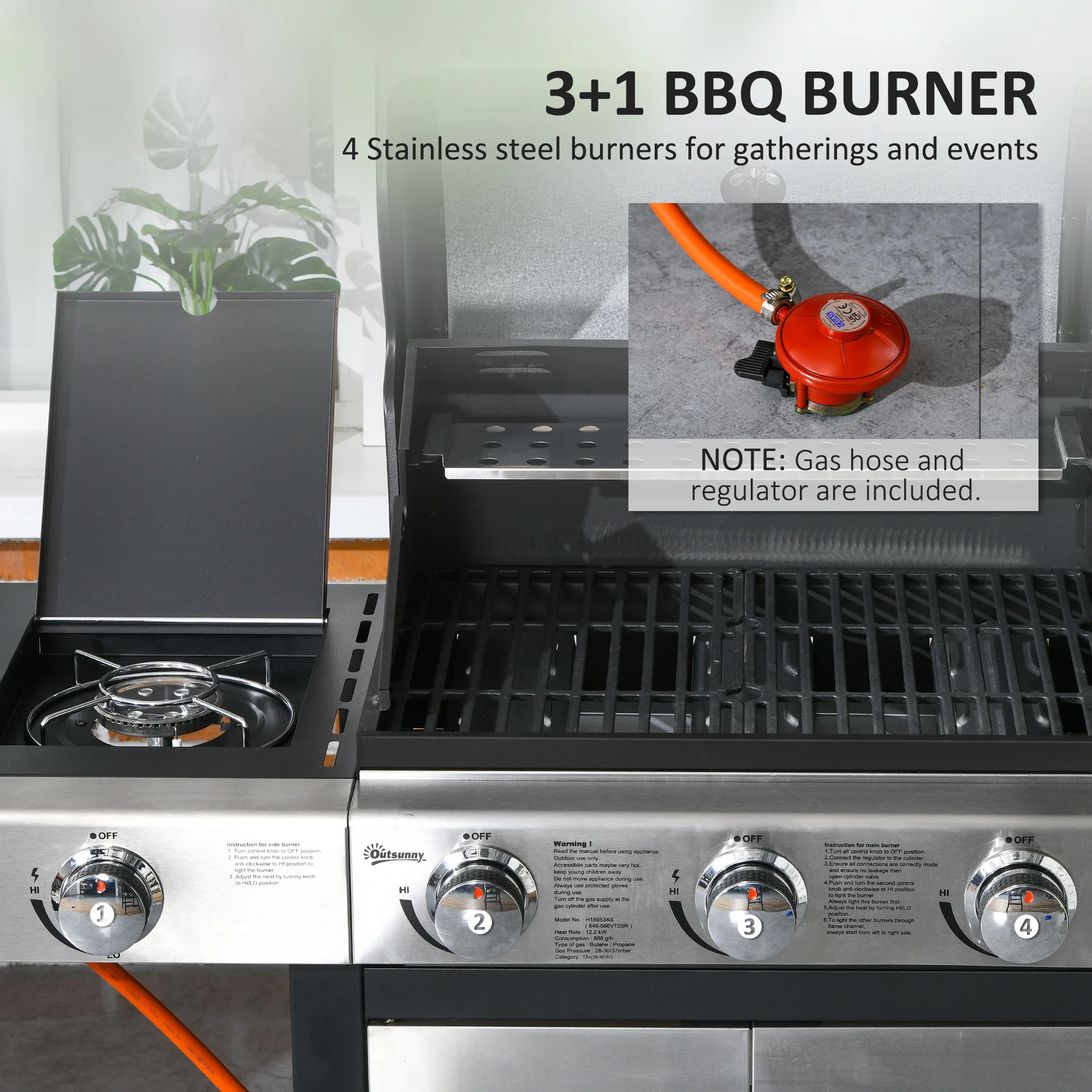 Outsunny Deluxe Gas Barbecue Grill 3+1 Burner Garden BBQ w/ Large Cooking Area - Image 4