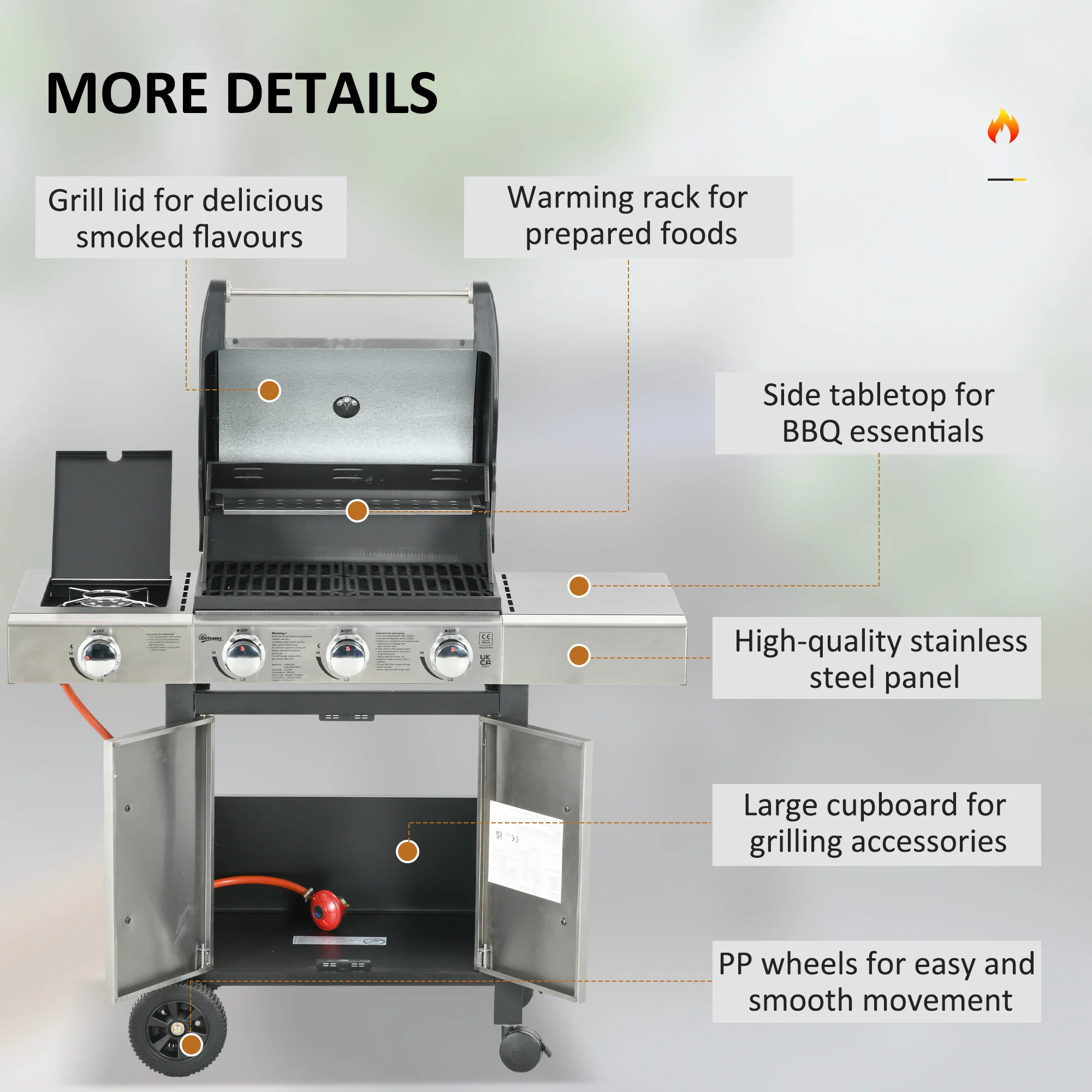 Outsunny Deluxe Gas Barbecue Grill 3+1 Burner Garden BBQ w/ Large Cooking Area - Image 7