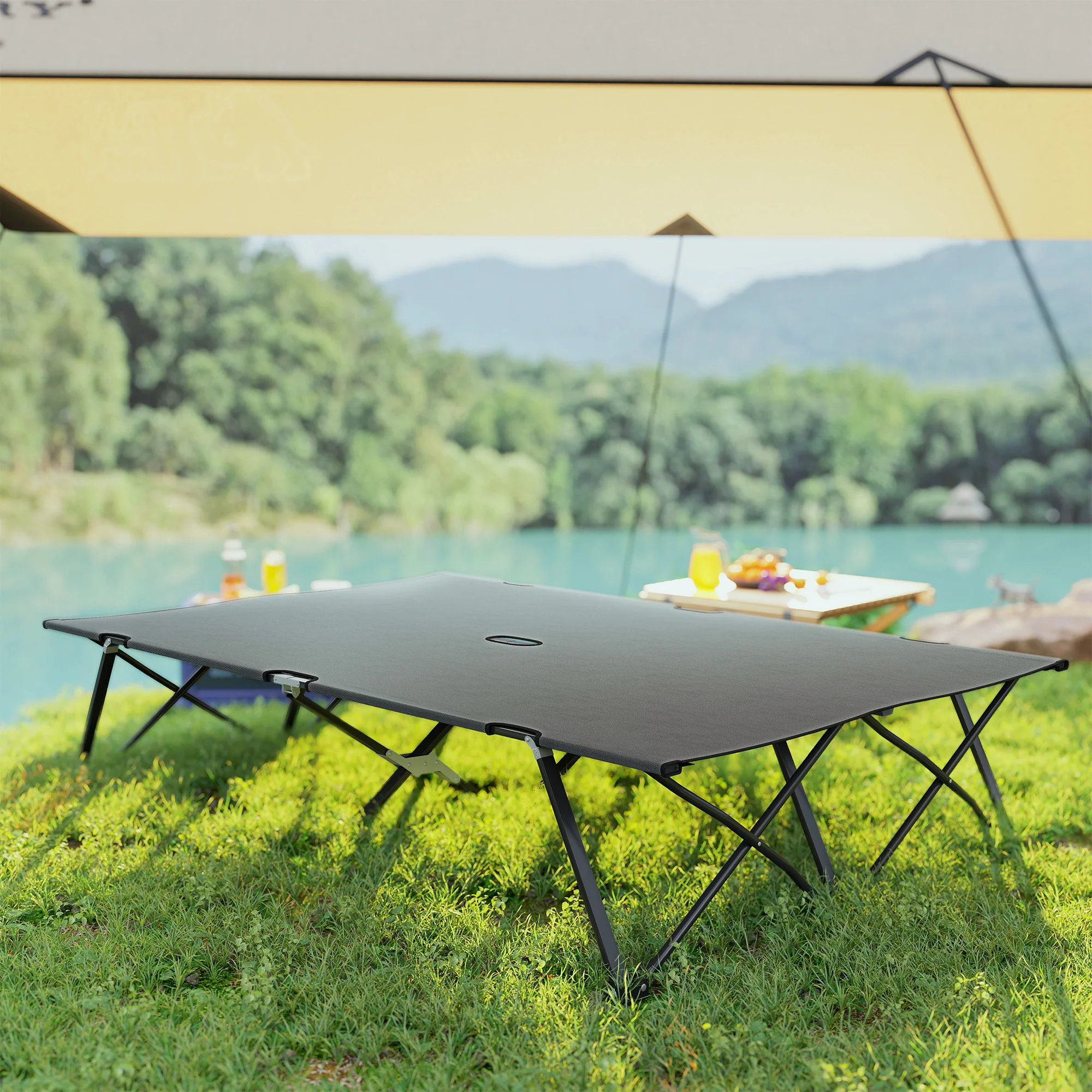 Outsunny Double Camping Folding Cot Portable Sleeping Bed, Charcoal Grey - Image 7
