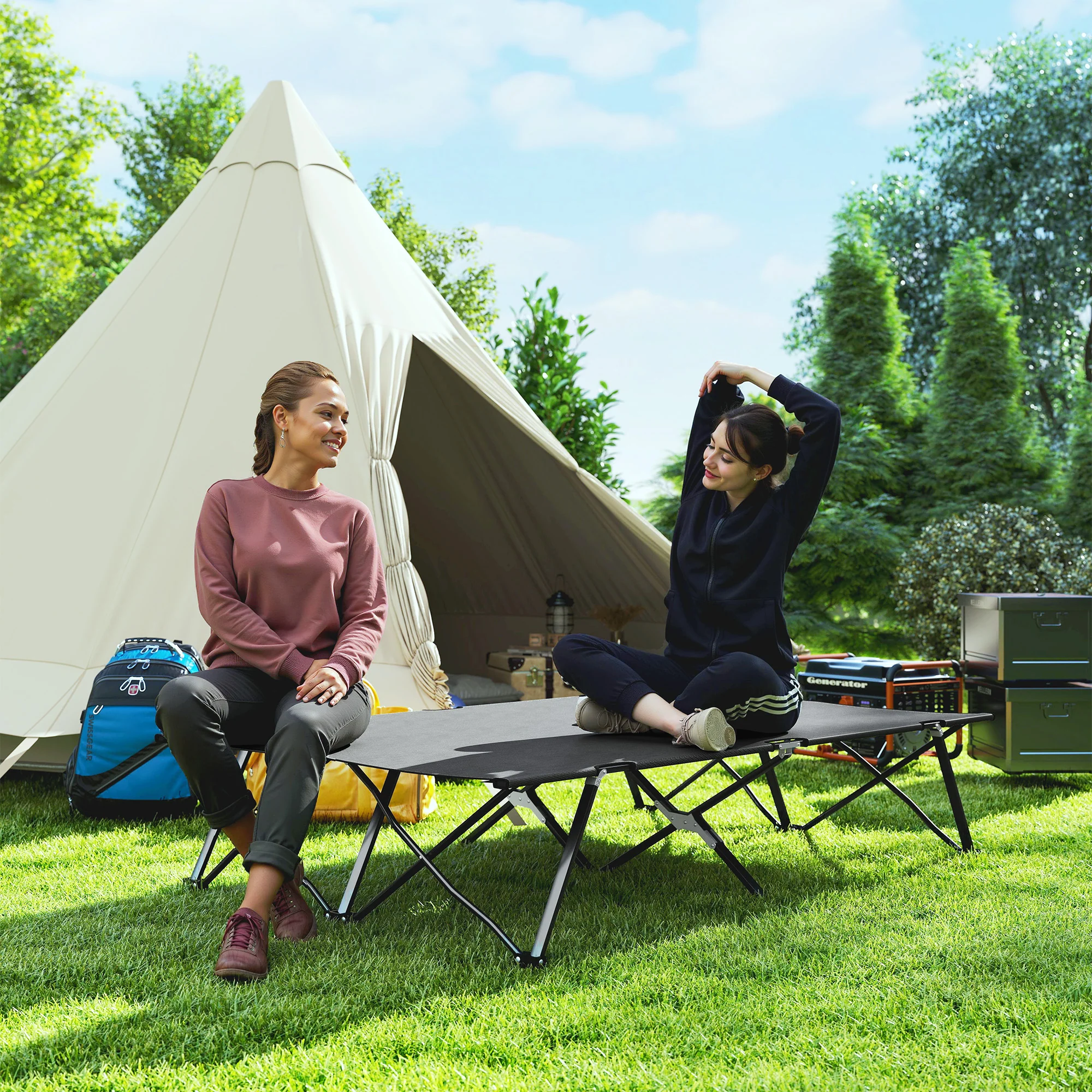 Outsunny Double Camping Folding Cot Portable Sleeping Bed, Charcoal Grey - Image 8