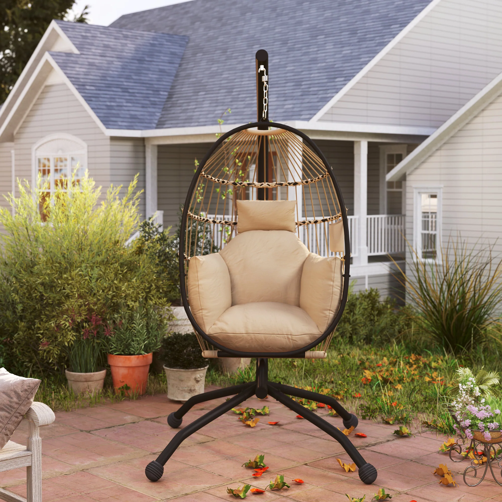 Outsunny Egg Chair Outdoor Indoor Garden Swing Chair, Folding Basket - Image 17