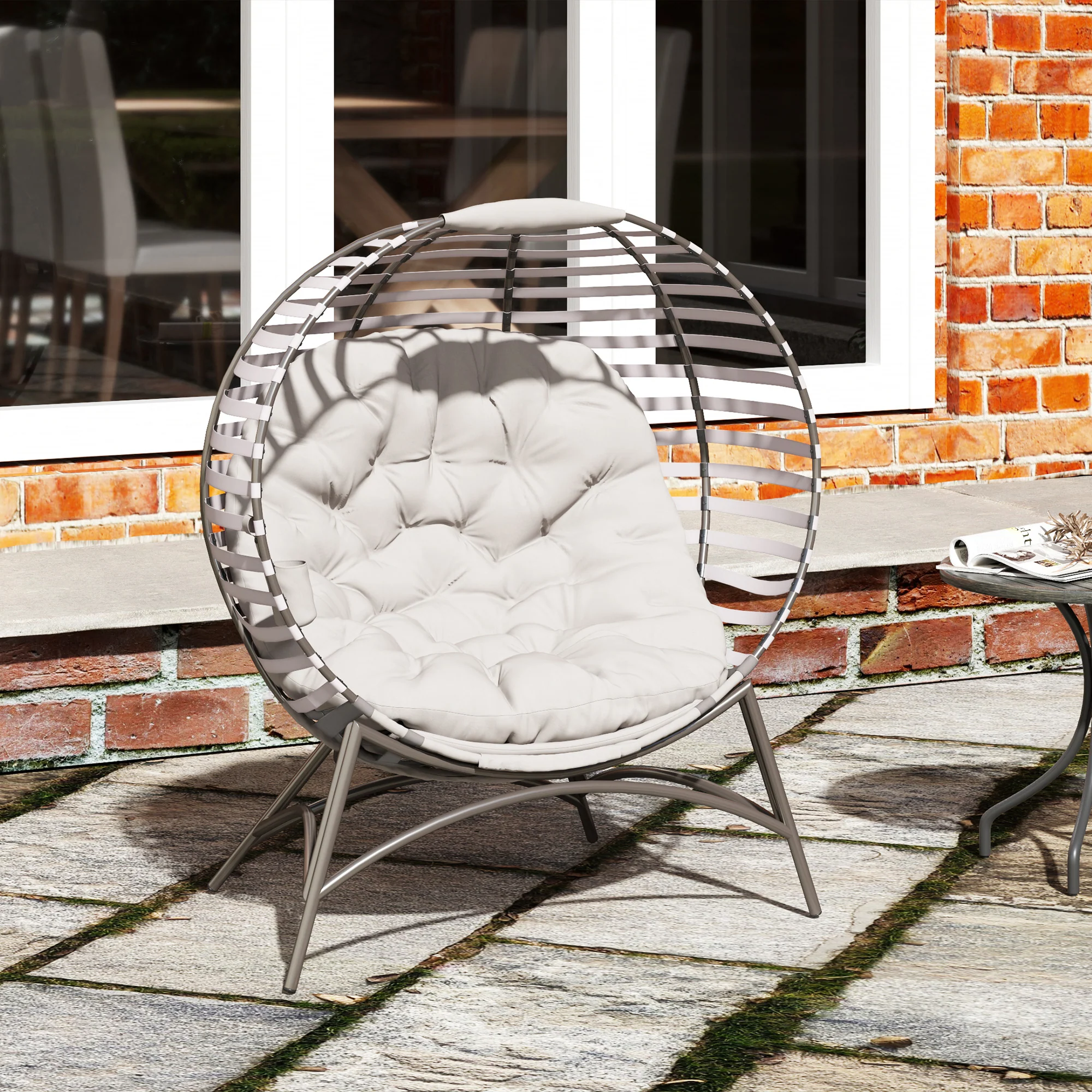 Outsunny Egg Chair w/ Cushion Steel Frame and Side Pocket, Light Grey - Image 9