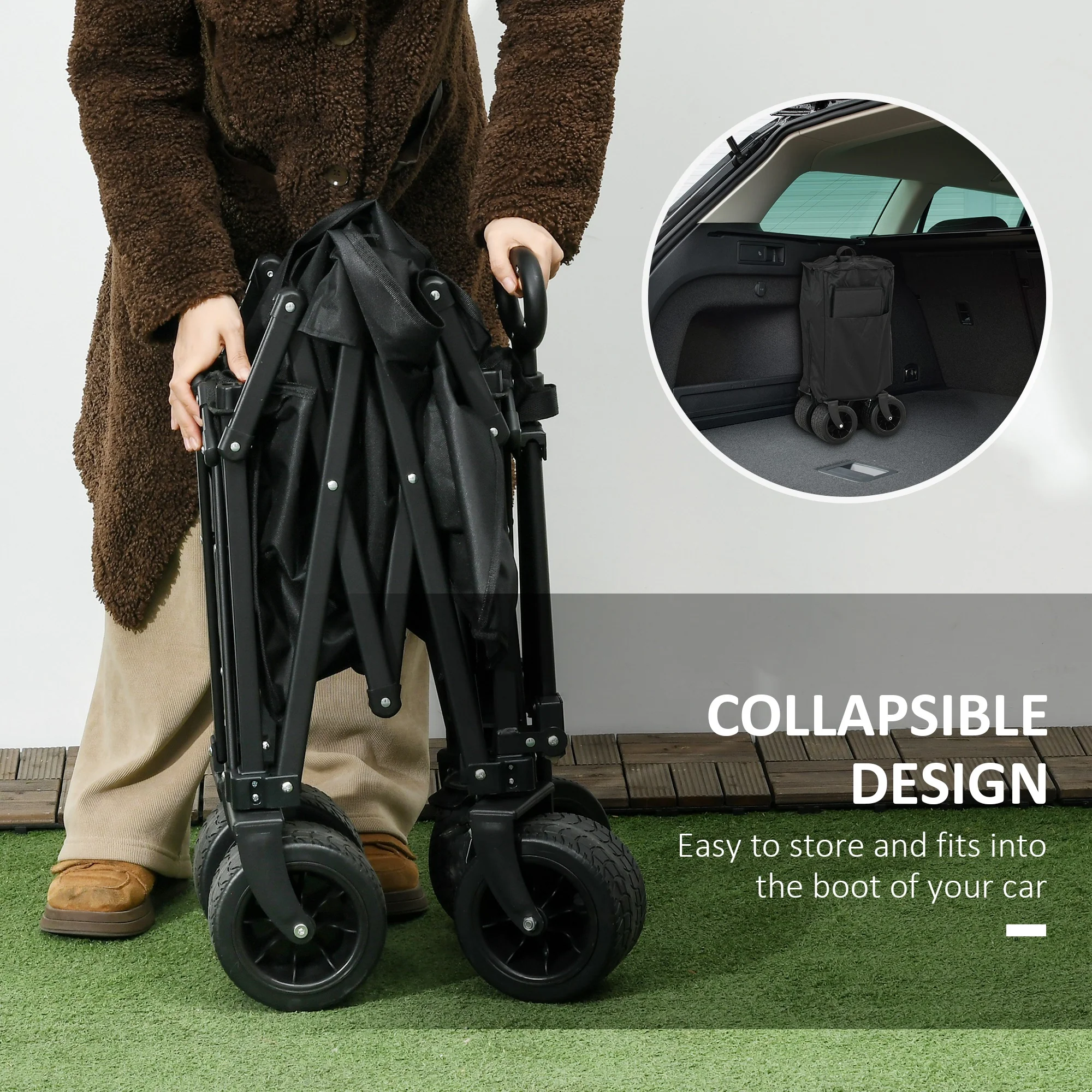 Outsunny Foldable Garden Cart, Outdoor Utility Wagon with Carry Bag, Black - Image 3