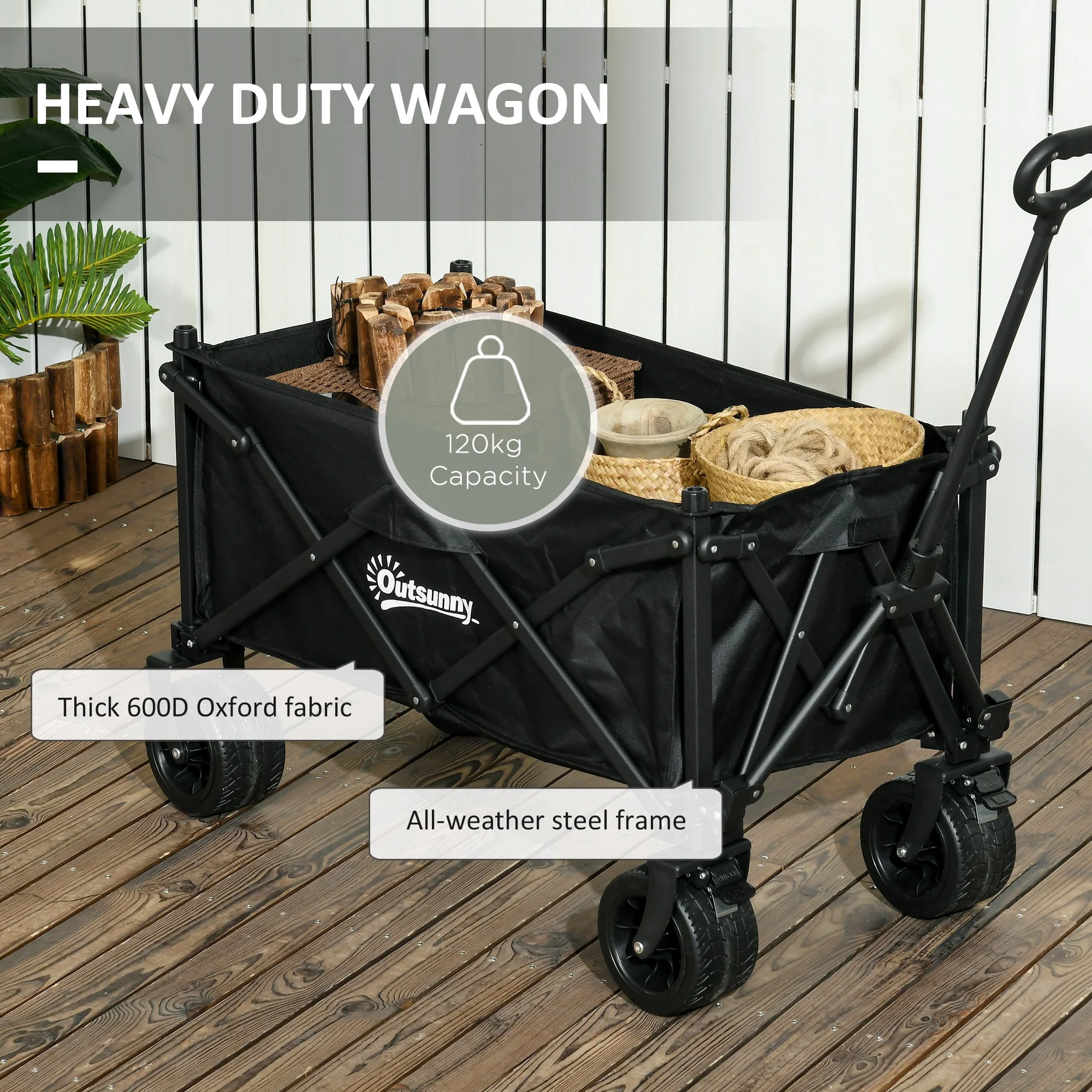 Outsunny Foldable Garden Cart, Outdoor Utility Wagon with Carry Bag, Black - Image 6