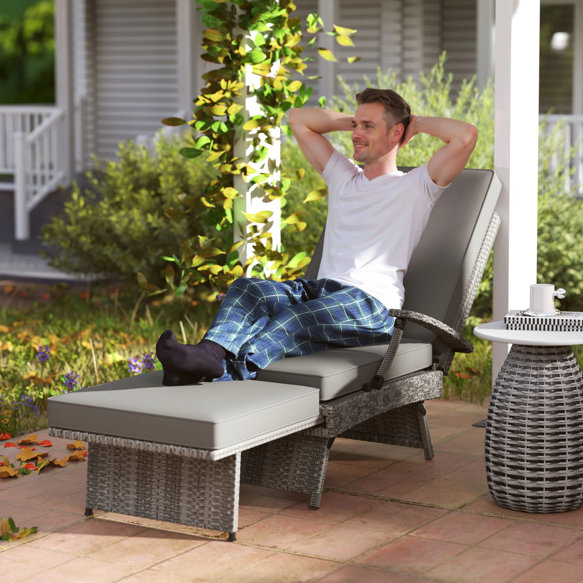 Outsunny Foldable Rattan Garden Recliner Chair w/ Cushion, Footrest - Image 2